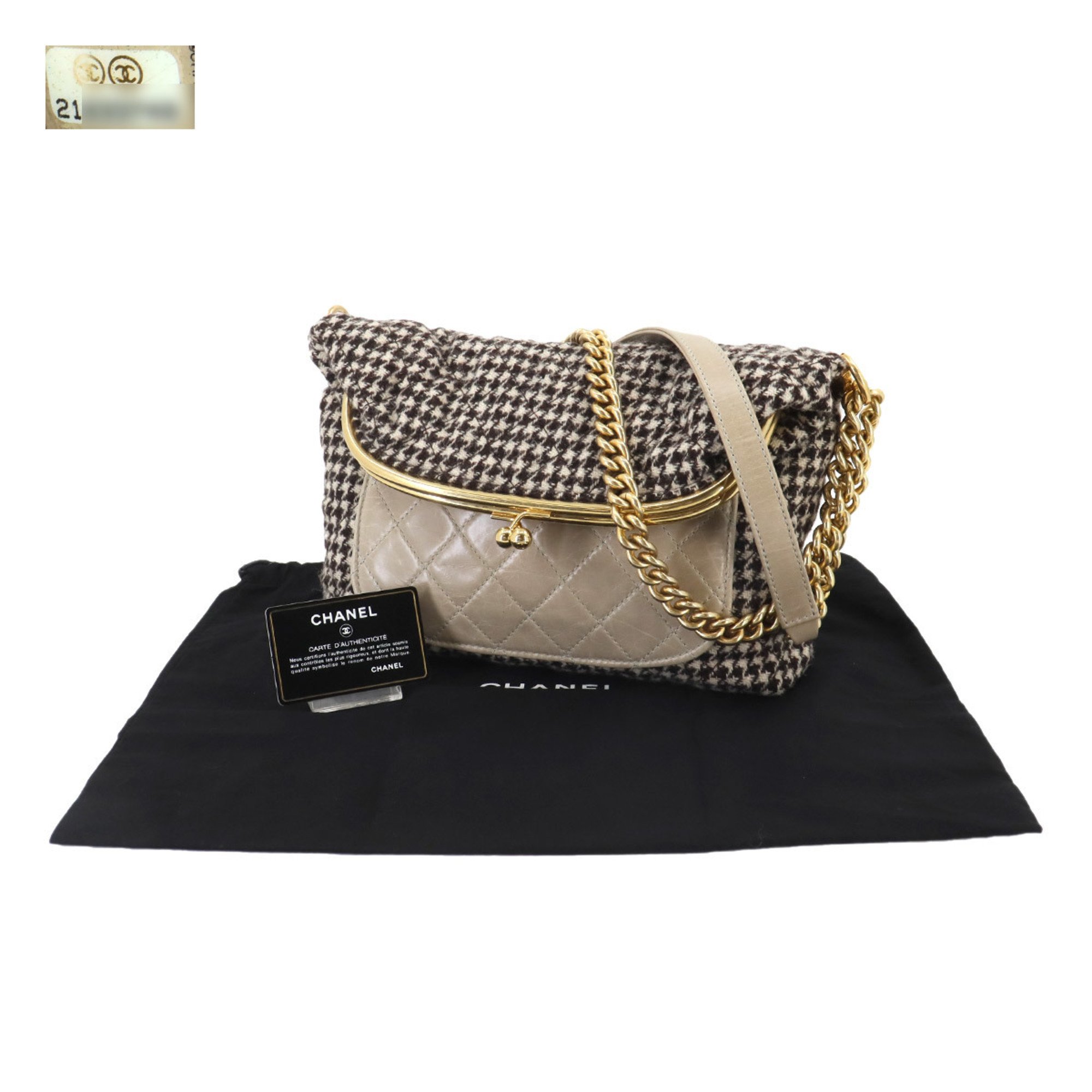 CHANEL Matelasse Chain Shoulder Bag Wool Leather Brown Beige Gray Houndstooth Gold Metal Fittings