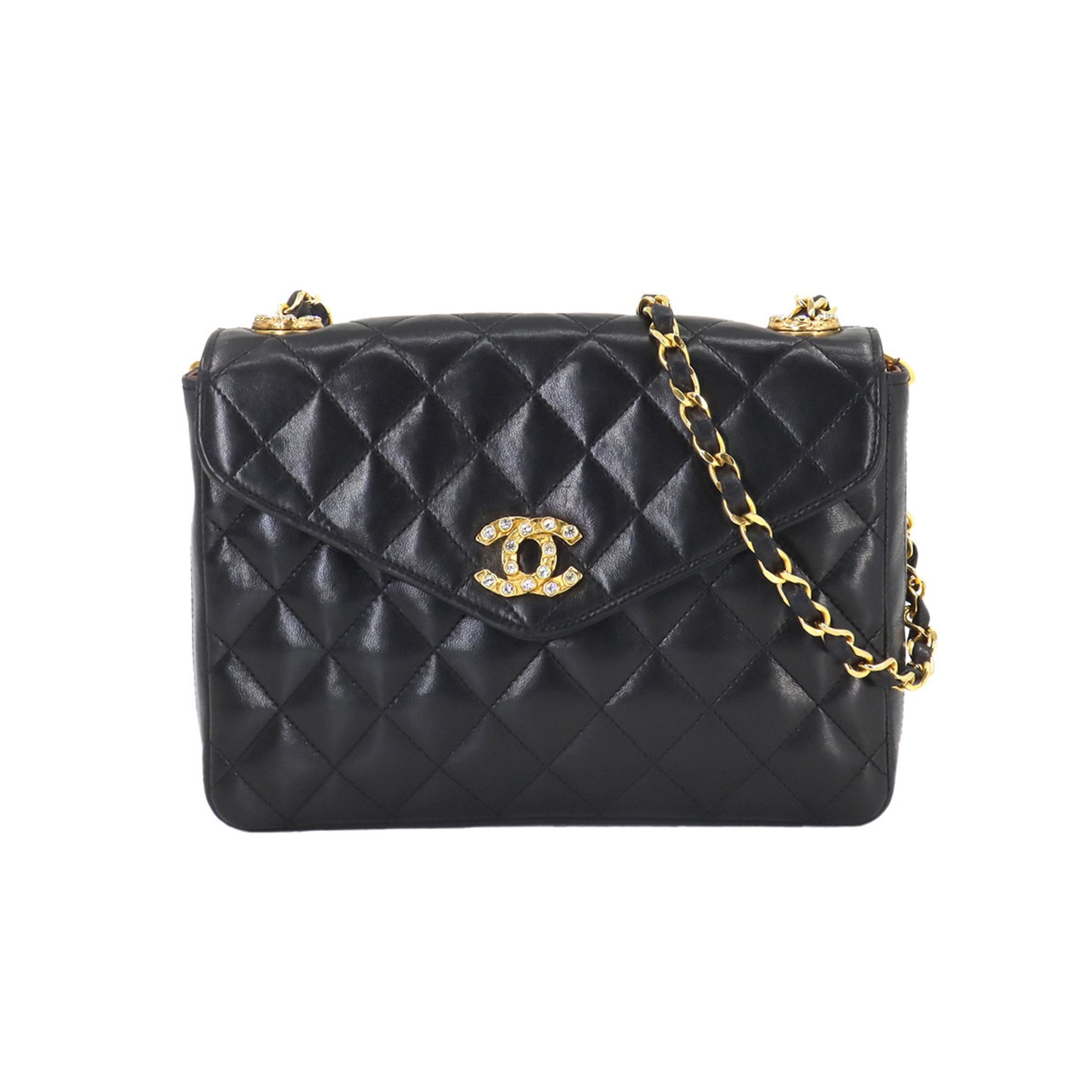 CHANEL Matelasse Chain Shoulder Bag Rhinestone Leather Black Gold Metal Fittings Coco Mark