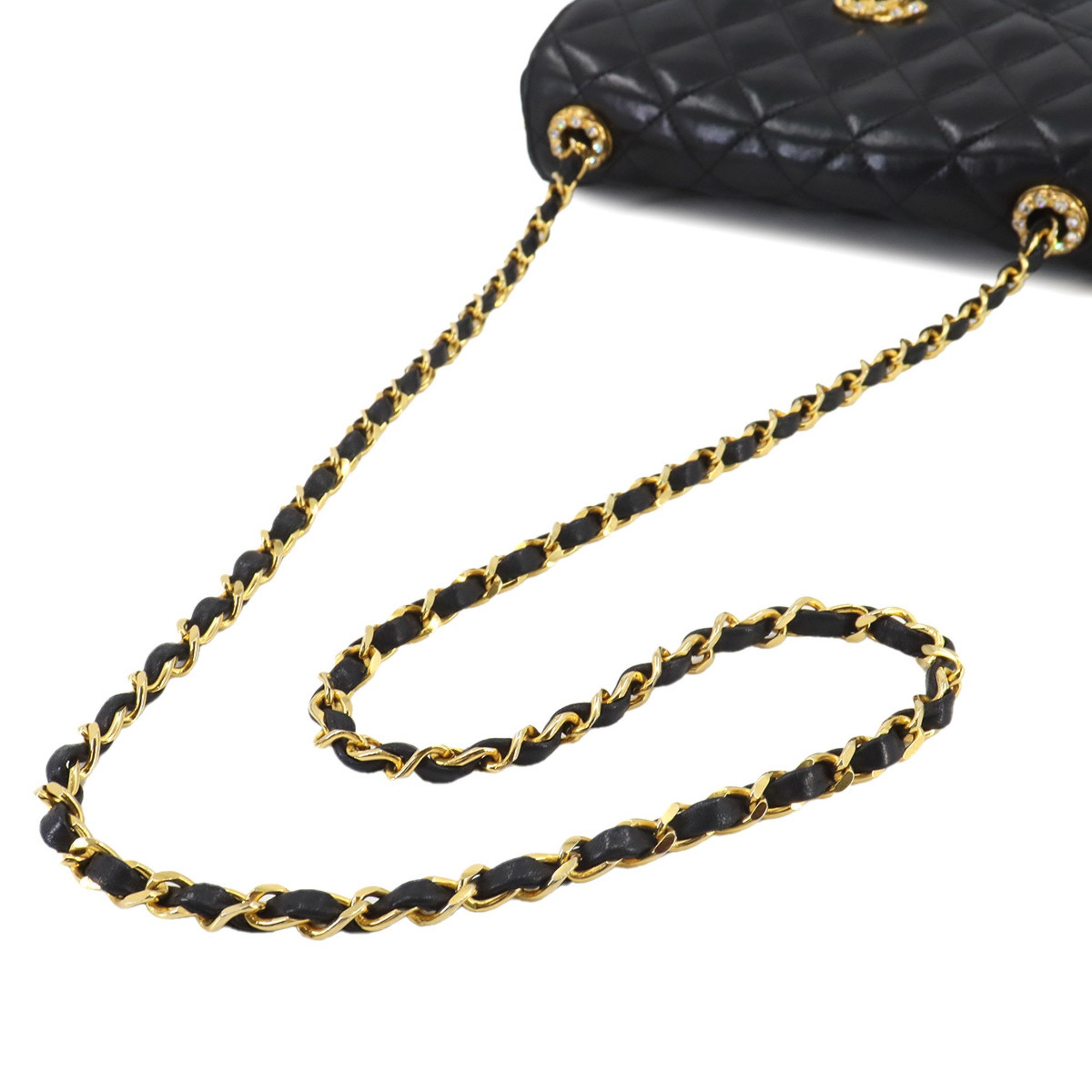 CHANEL Matelasse Chain Shoulder Bag Rhinestone Leather Black Gold Metal Fittings Coco Mark