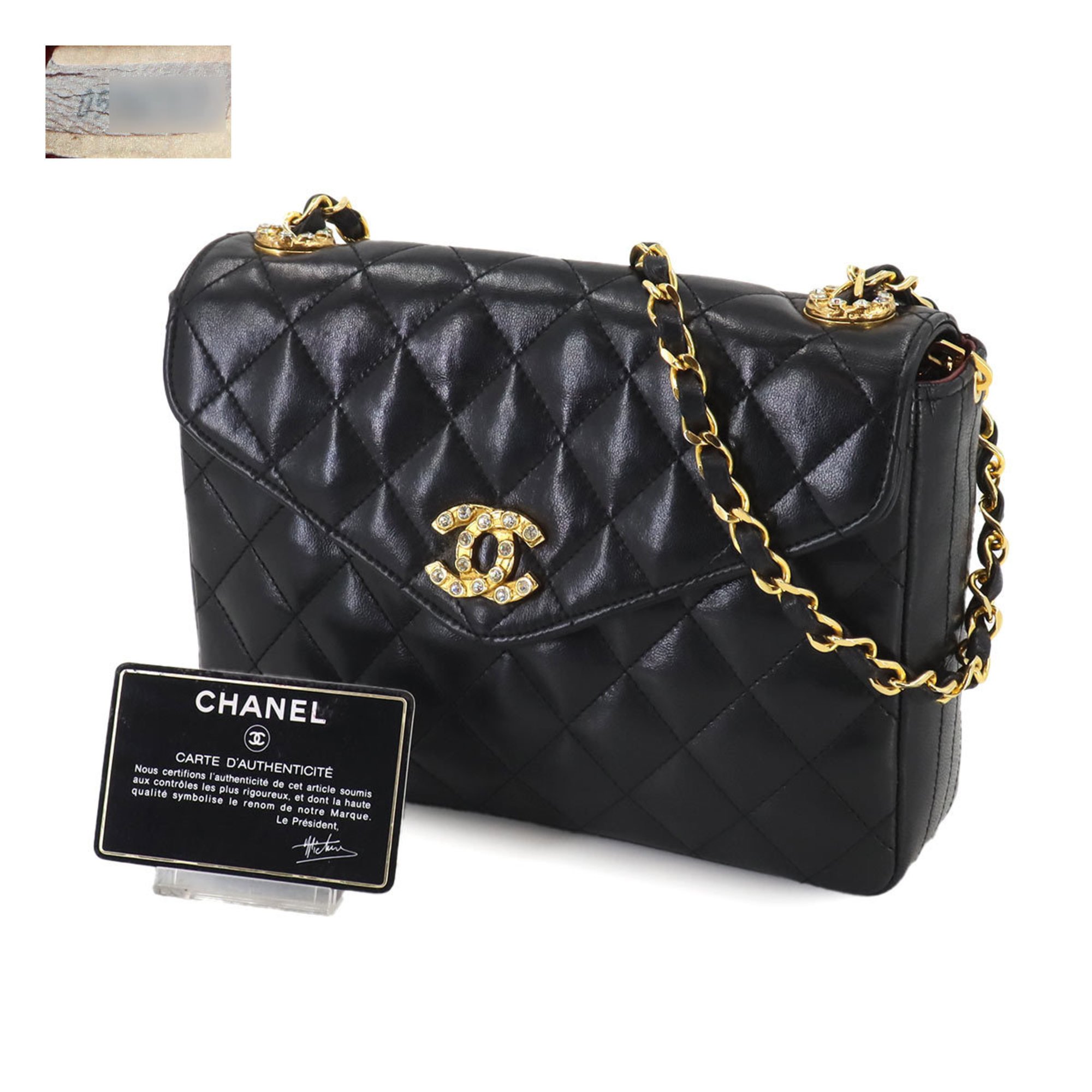 CHANEL Matelasse Chain Shoulder Bag Rhinestone Leather Black Gold Metal Fittings Coco Mark