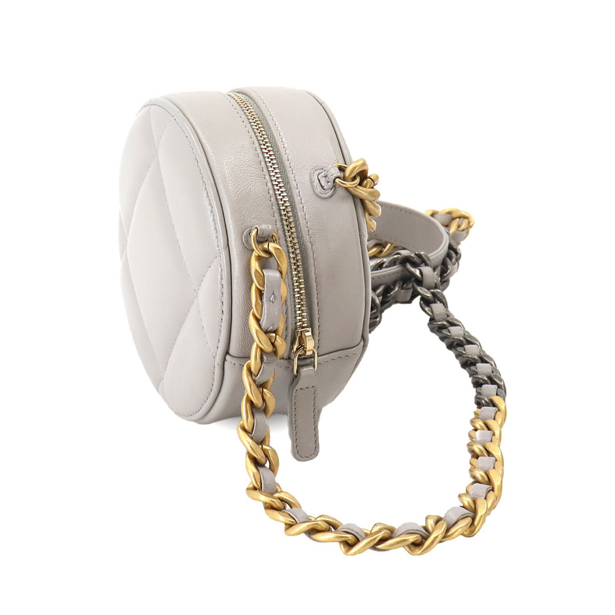 CHANEL 19 Round Clutch Chain Shoulder Bag Leather Grey AP0945 Chanel