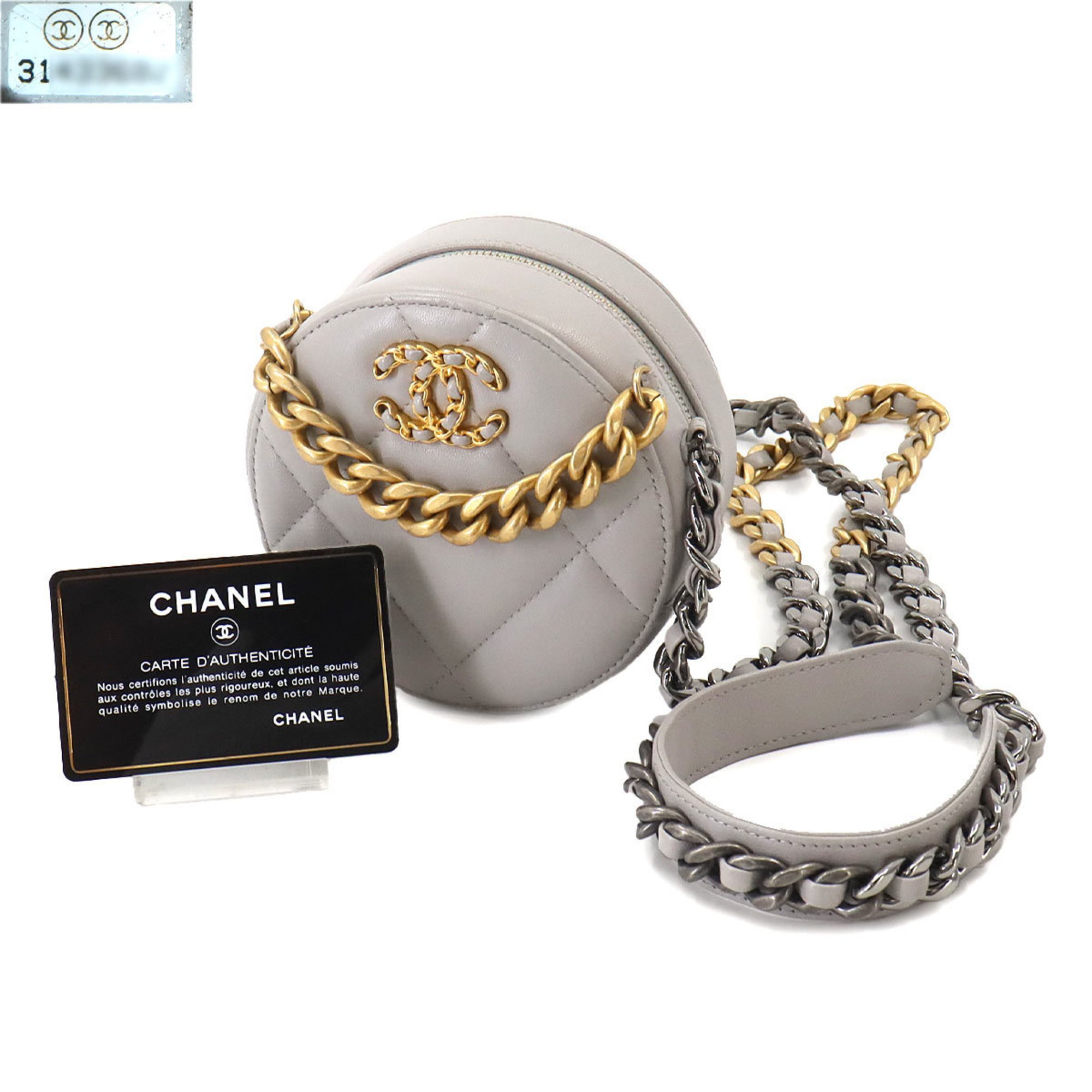 CHANEL 19 Round Clutch Chain Shoulder Bag Leather Grey AP0945 Chanel