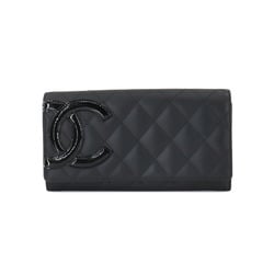 CHANEL Cambon Line Bi-fold Long Wallet Leather Enamel Black A50077 Coco Mark Silver Hardware