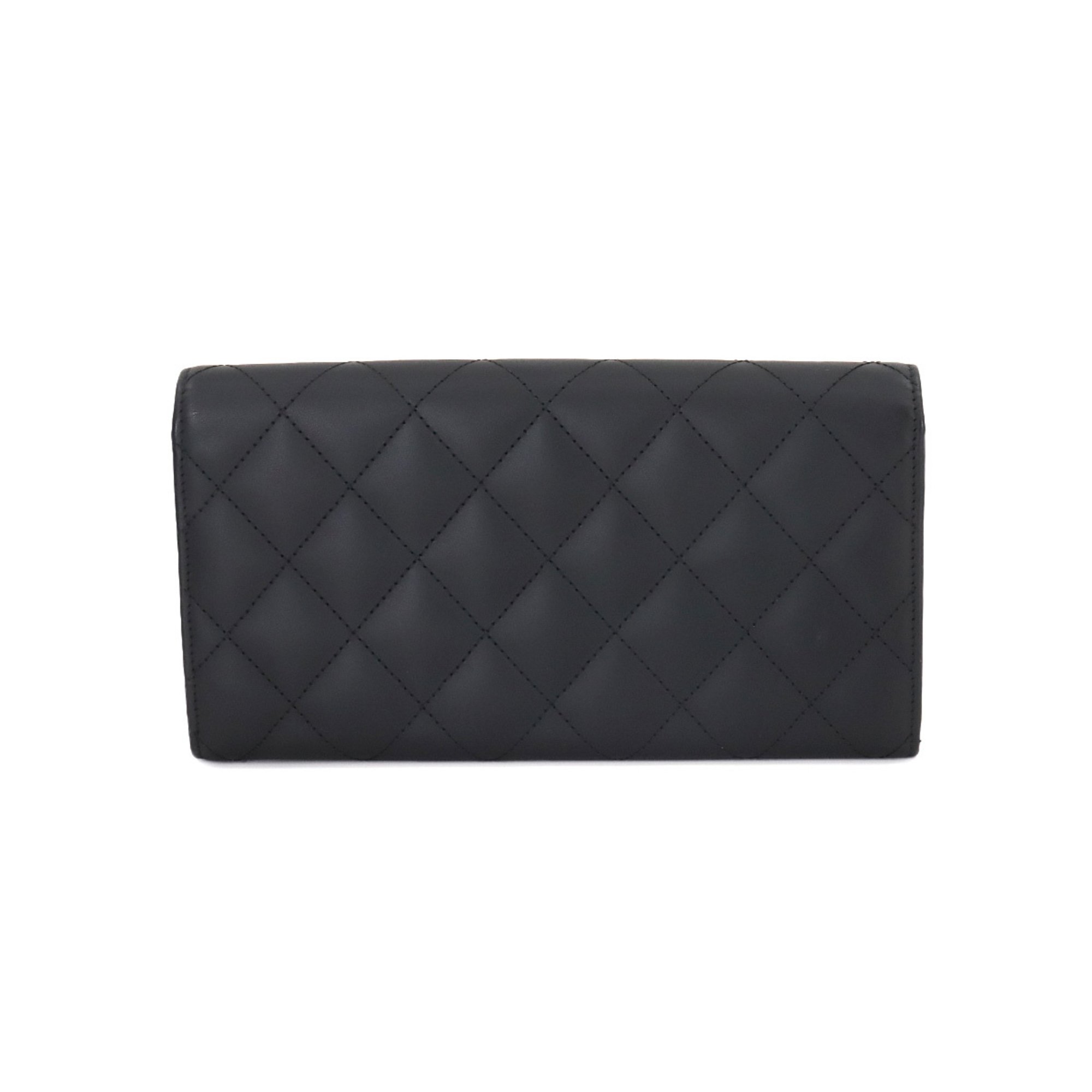 CHANEL Cambon Line Bi-fold Long Wallet Leather Enamel Black A50077 Coco Mark Silver Hardware