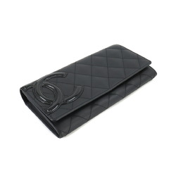 CHANEL Cambon Line Bi-fold Long Wallet Leather Enamel Black A50077 Coco Mark Silver Hardware