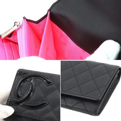 CHANEL Cambon Line Bi-fold Long Wallet Leather Enamel Black A50077 Coco Mark Silver Hardware