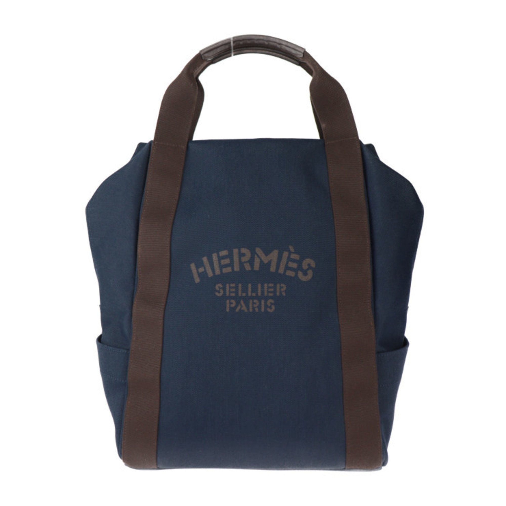 HERMES Hermes Sac de Pansage Groom Backpack Rucksack/Daypack - Toile Chevron Bridle Leather Blue Navy Foo Orange Brown