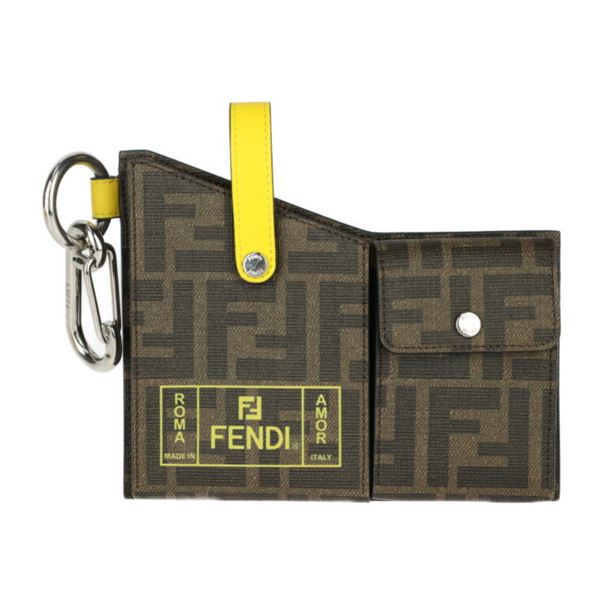 FENDI Pocket Charm Bag 7AR759 Leather Beige x Brown Yellow Zucca Pattern Belt Pouch