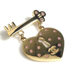 CHANEL Brooch Heart Lock Key Metal Rhinestone Gold Pink Women's e59330a