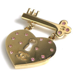 CHANEL Brooch Heart Lock Key Metal Rhinestone Gold Pink Women's e59330a