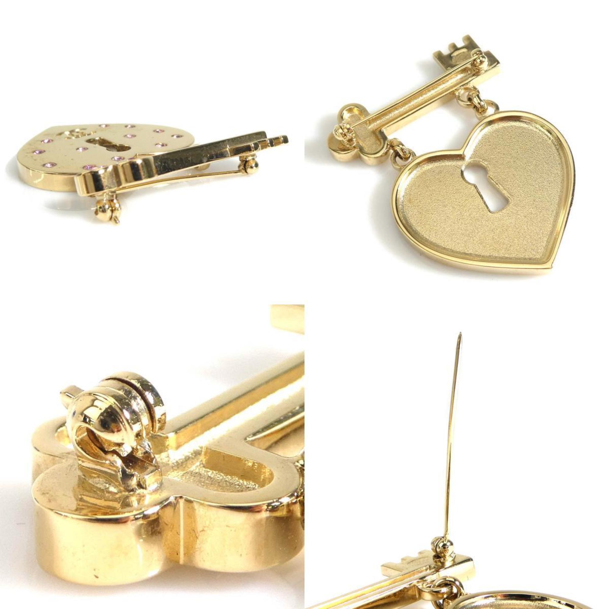 CHANEL Brooch Heart Lock Key Metal Rhinestone Gold Pink Women's e59330a