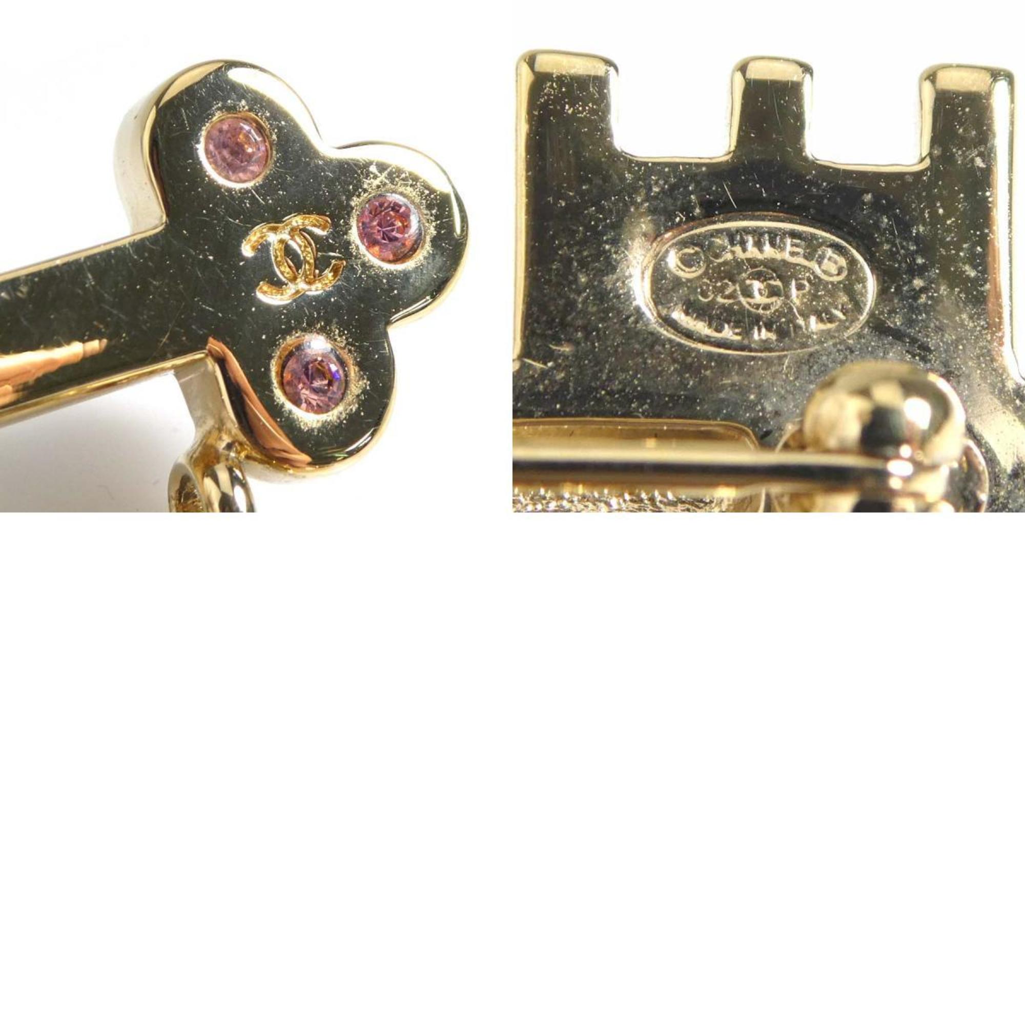 CHANEL Brooch Heart Lock Key Metal Rhinestone Gold Pink Women's e59330a