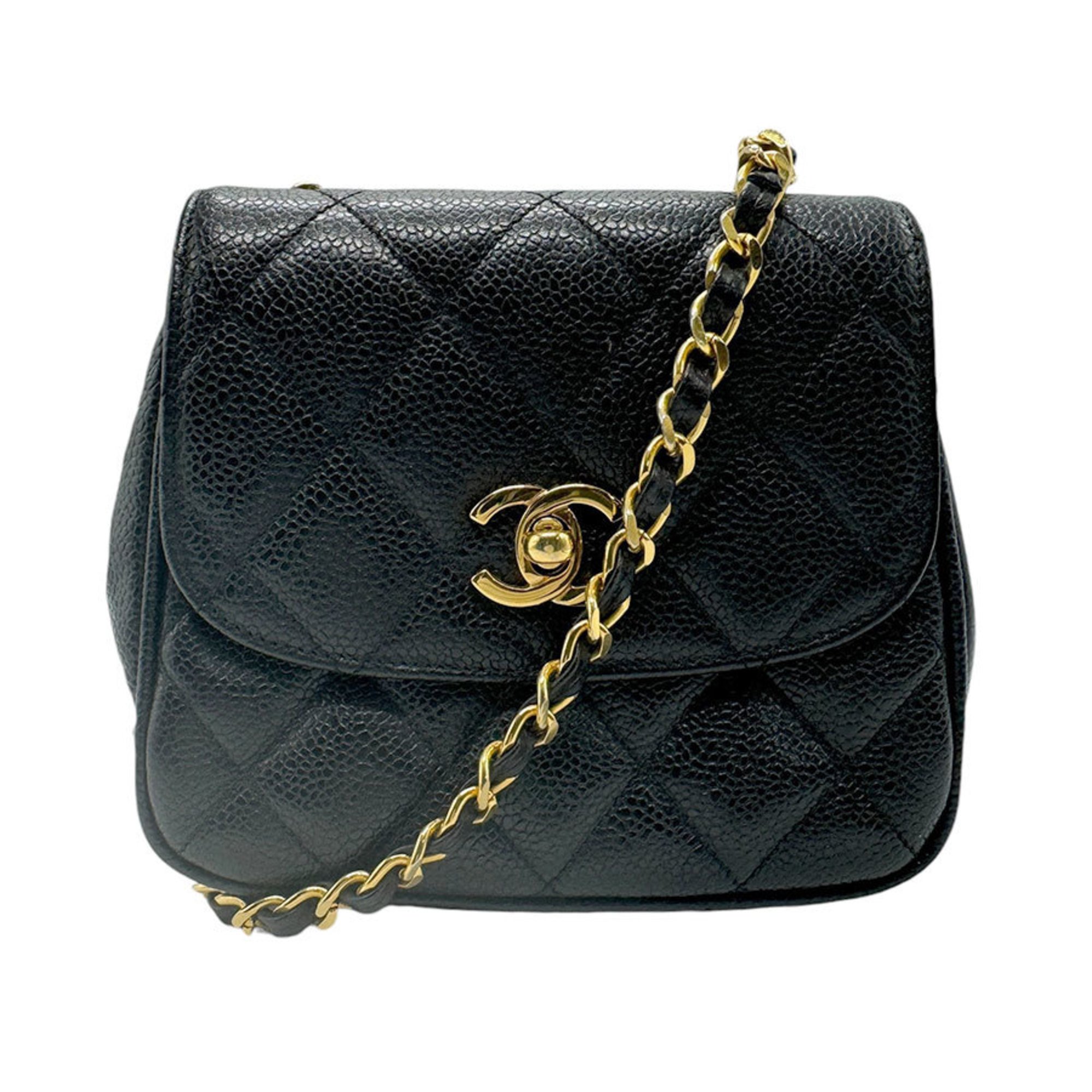 CHANEL Shoulder Bag Matelasse Caviar Skin Leather Black Gold Women's z2568