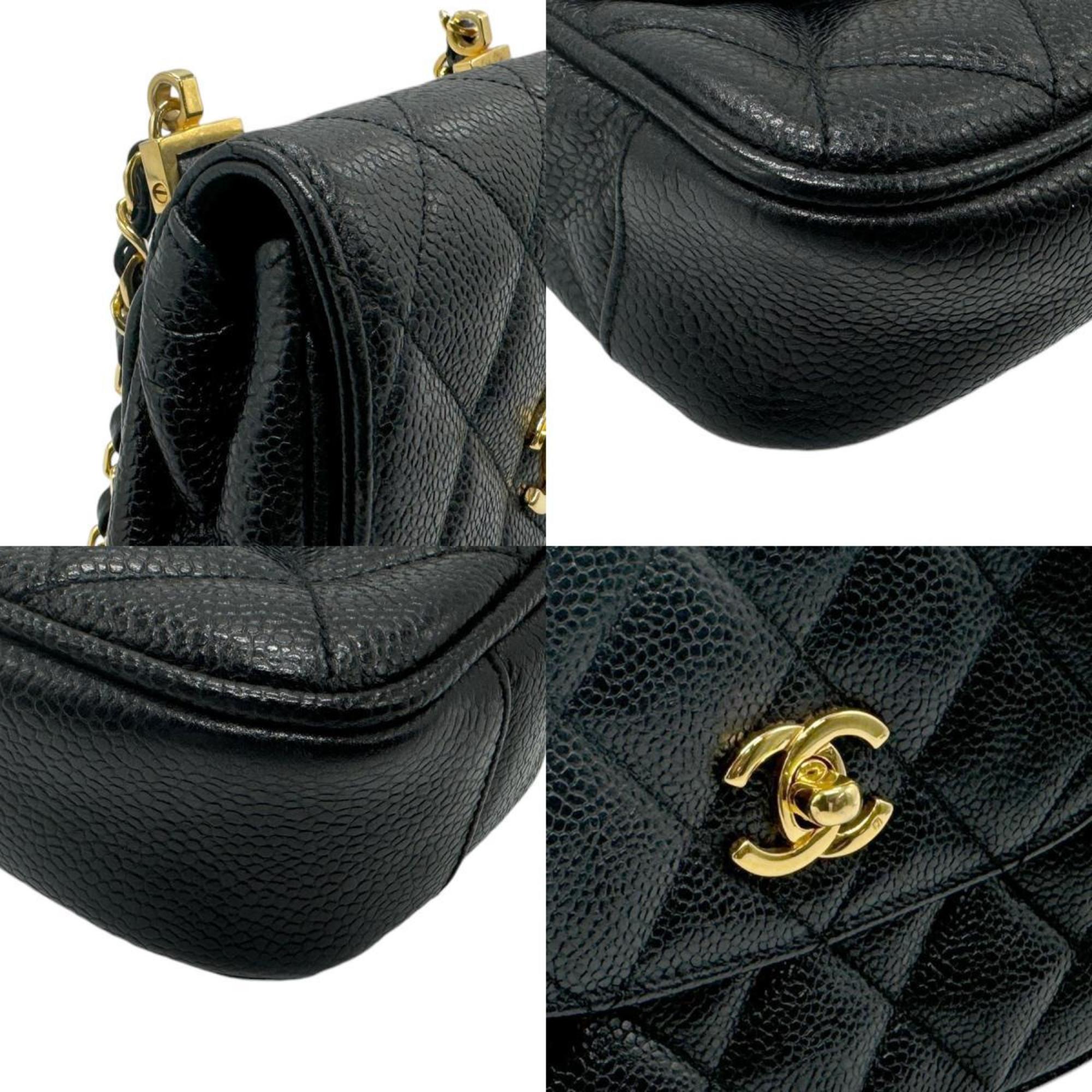 CHANEL Shoulder Bag Matelasse Caviar Skin Leather Black Gold Women's z2568