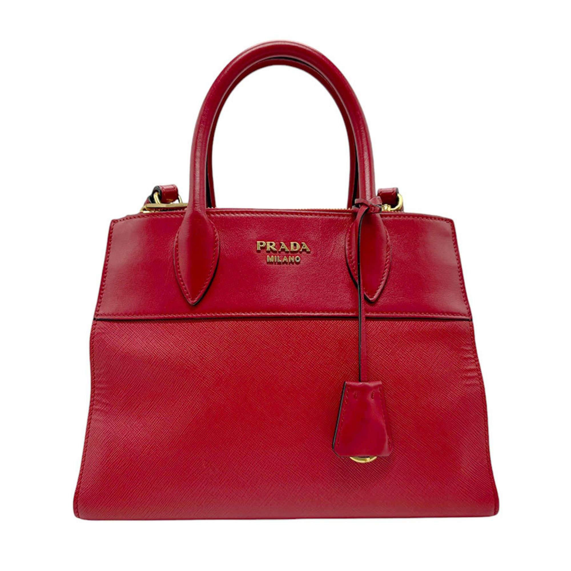 PRADA handbag shoulder bag leather red gold ladies z2575