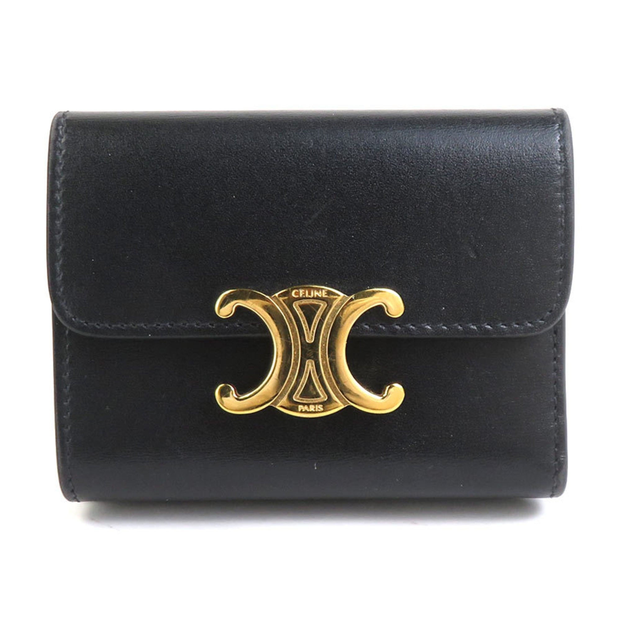 CELINE Tri-fold Wallet Triomphe Leather Black Men's Women's h30605i