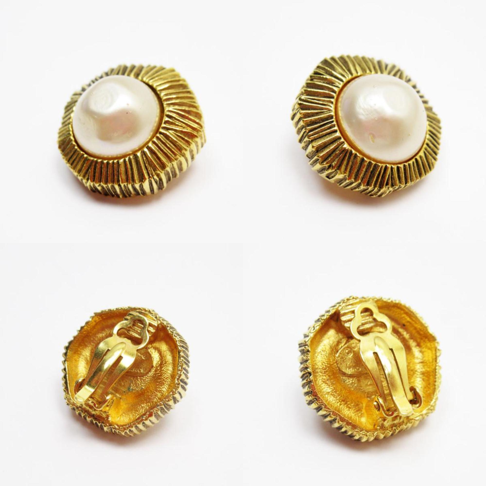 CHANEL Earrings Metal Faux Pearl Gold Off-White Women's w0788a