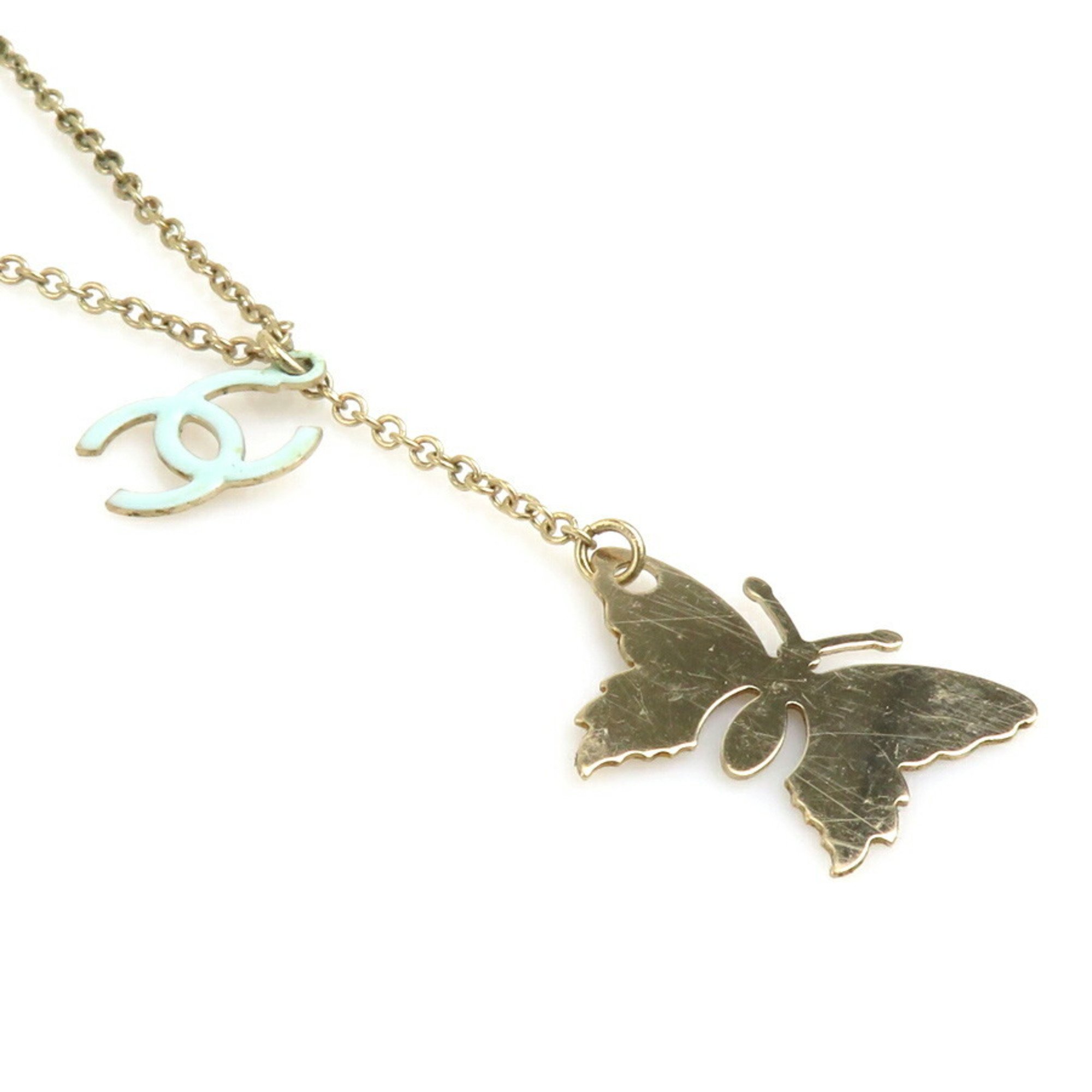 CHANEL Necklace Coco Mark Butterfly Metal Enamel Gold Light Blue Women's e59327a