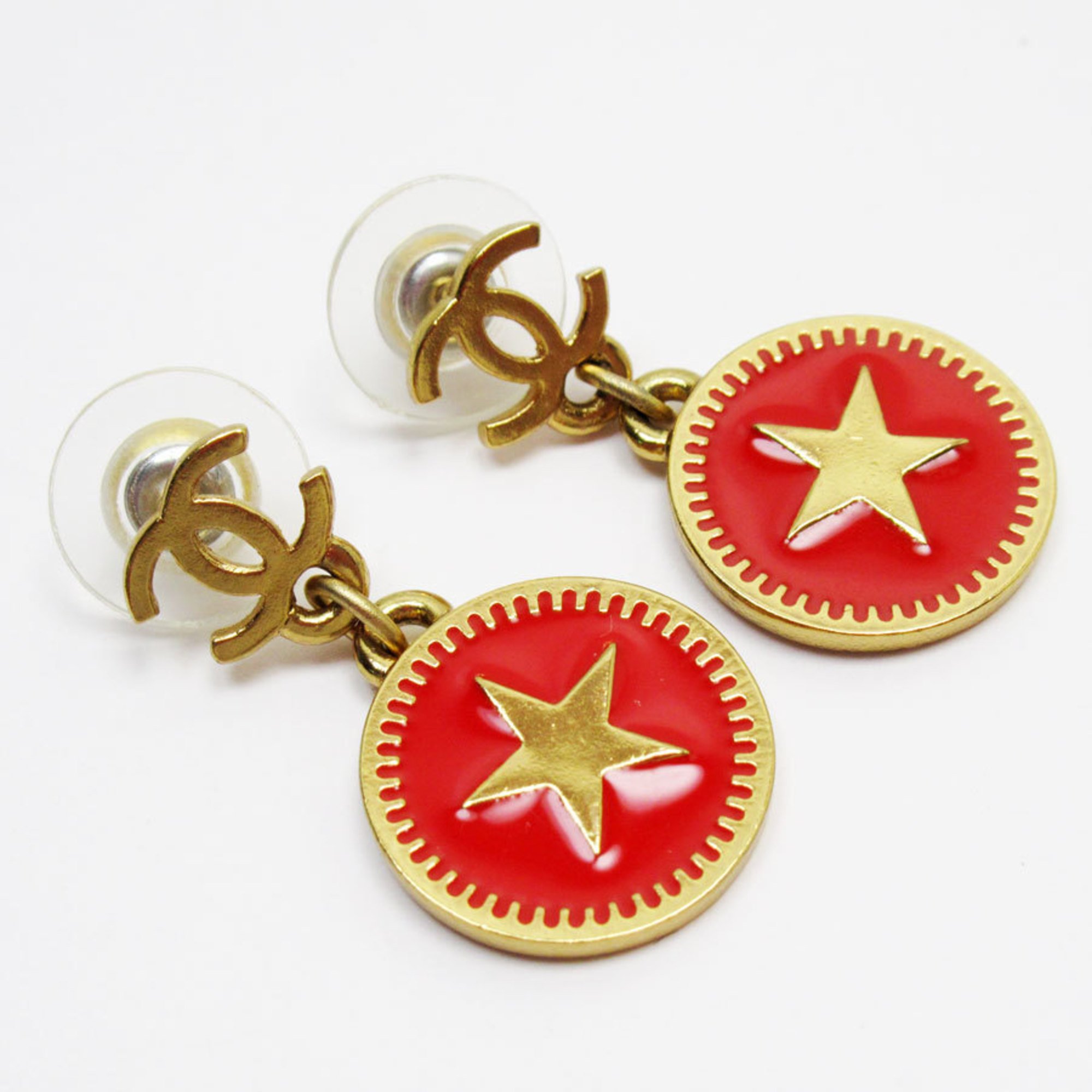 CHANEL Earrings Coco Mark Metal Enamel Gold Red Women's w0789g