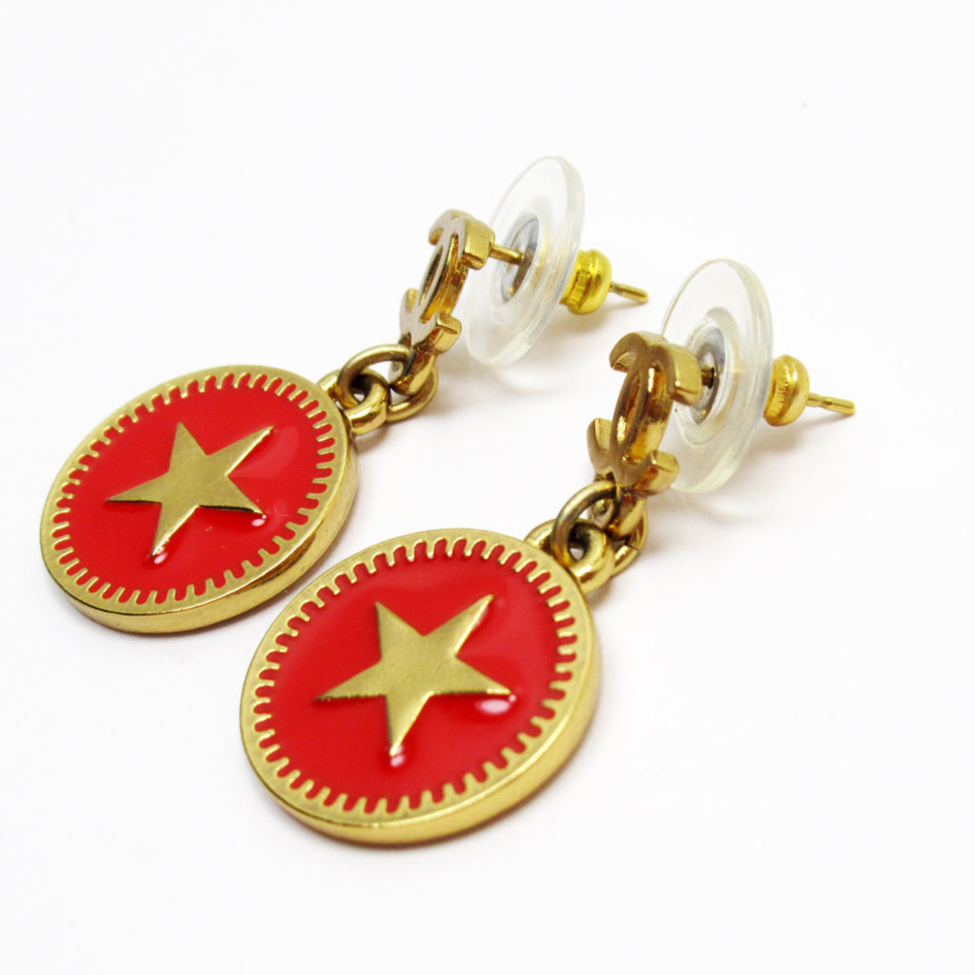 CHANEL Earrings Coco Mark Metal Enamel Gold Red Women's w0789g