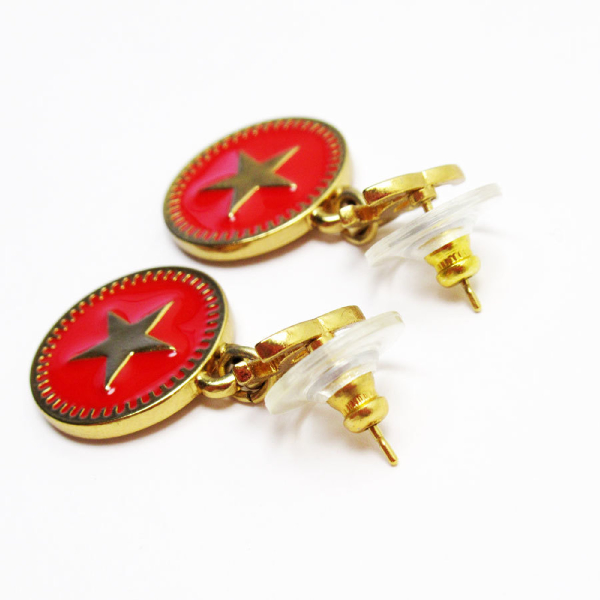 CHANEL Earrings Coco Mark Metal Enamel Gold Red Women's w0789g