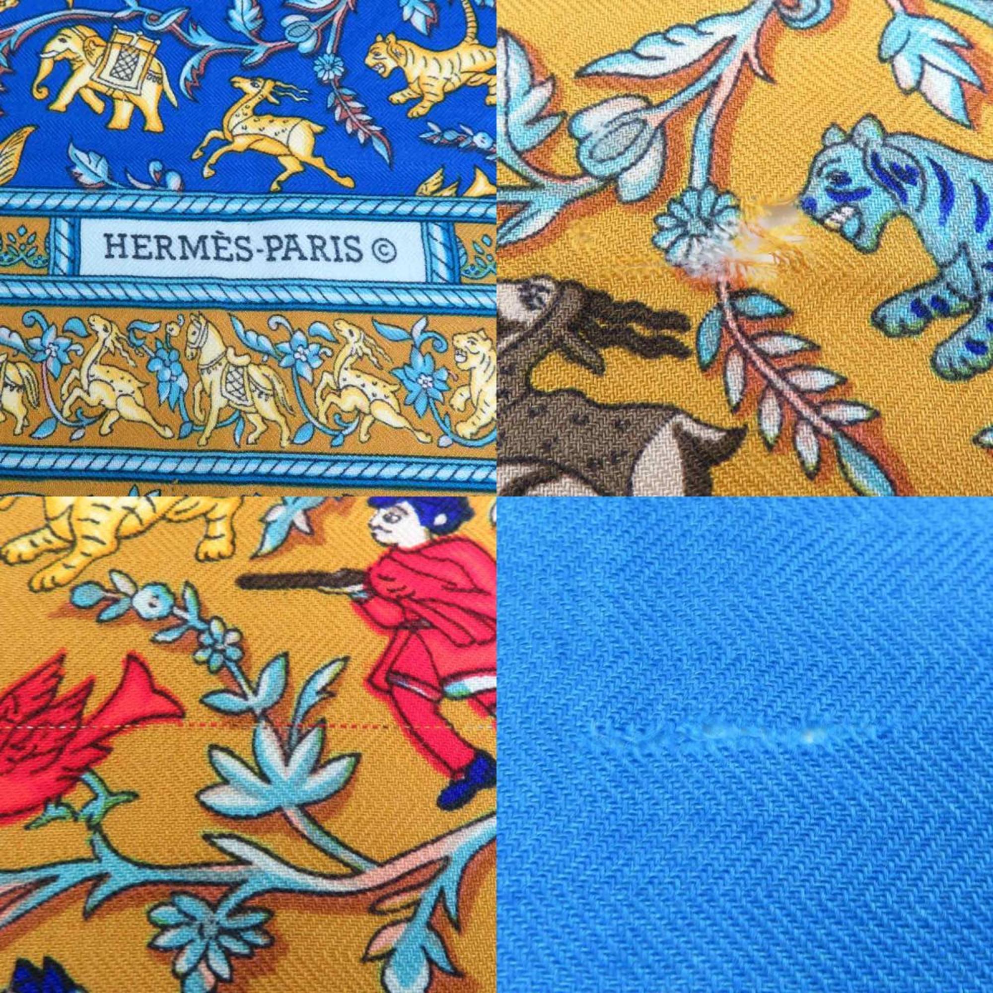 Hermes shawl stole scarf CHASSE EN INDE cashmere silk blue multicolor women's e59361a