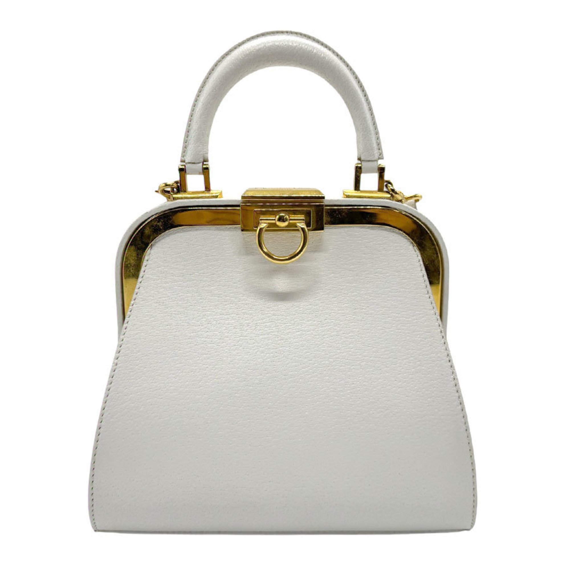 Christian Dior handbag shoulder bag leather white gold ladies b0079