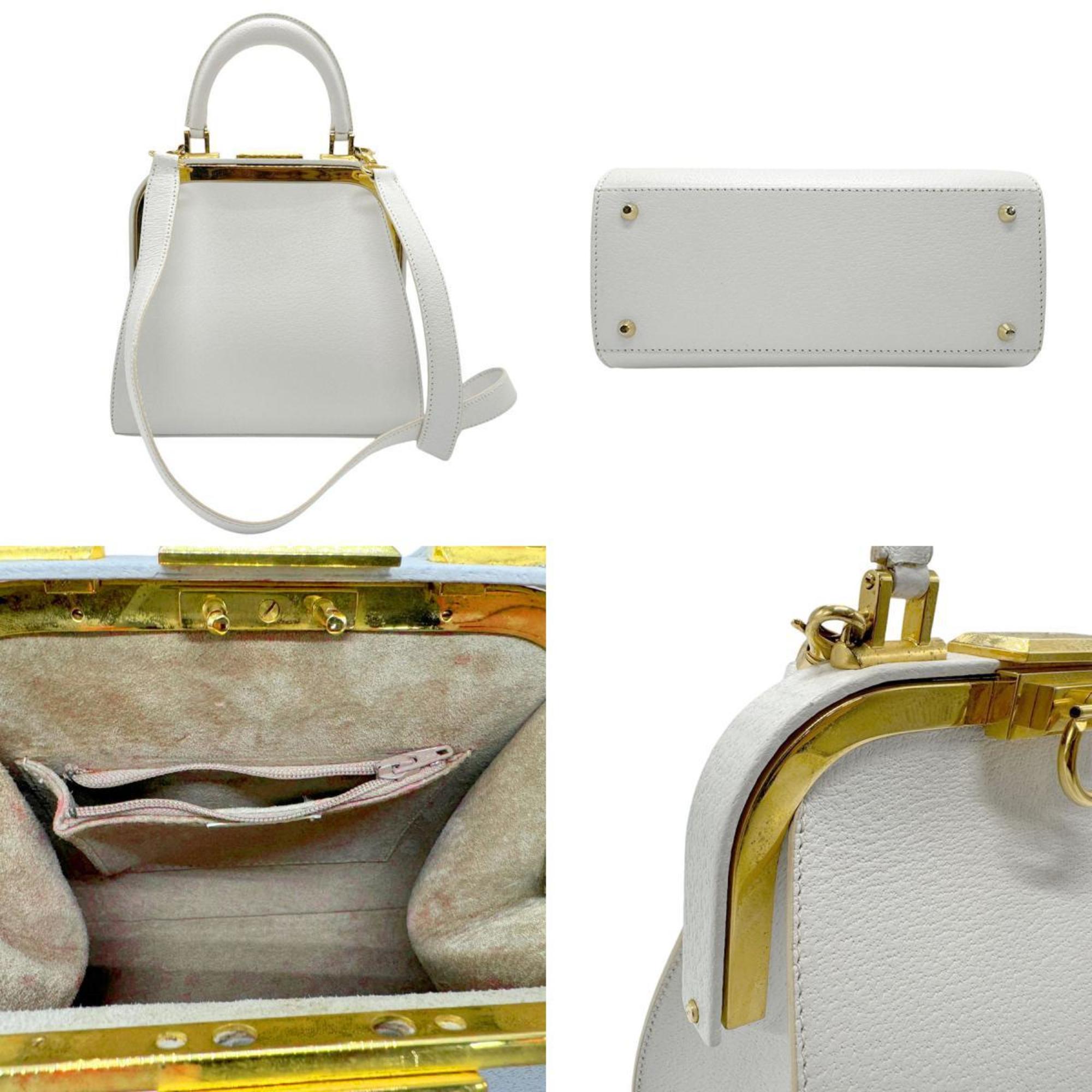 Christian Dior handbag shoulder bag leather white gold ladies b0079