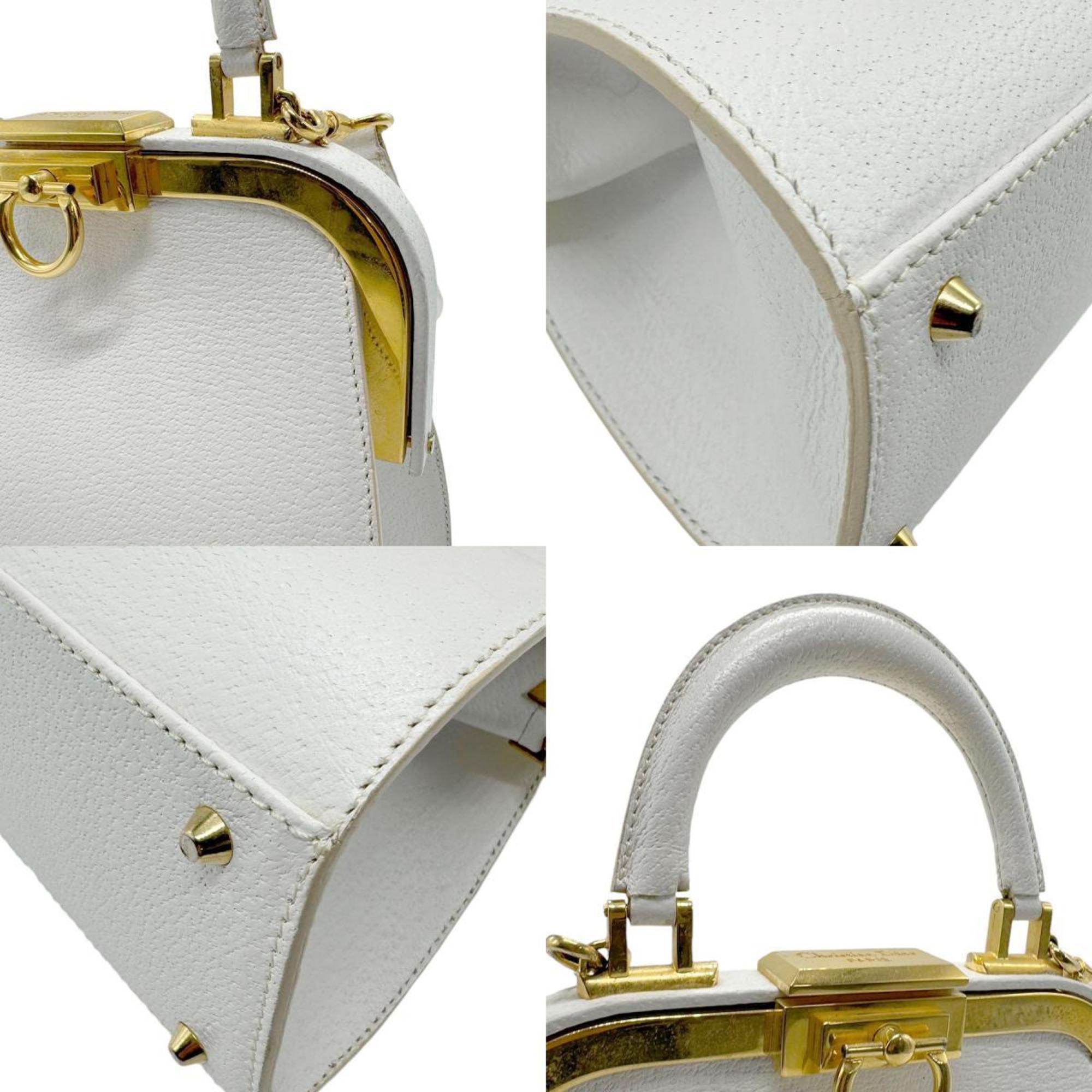 Christian Dior handbag shoulder bag leather white gold ladies b0079