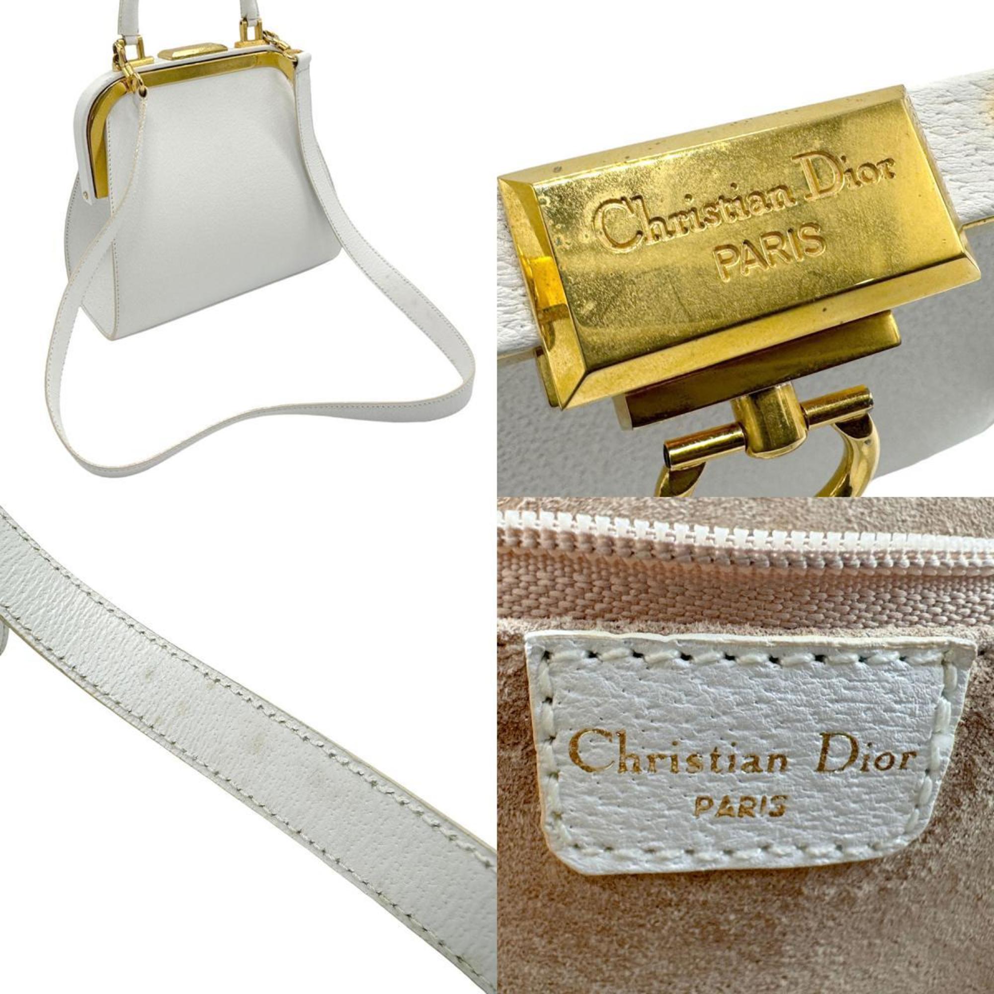 Christian Dior handbag shoulder bag leather white gold ladies b0079