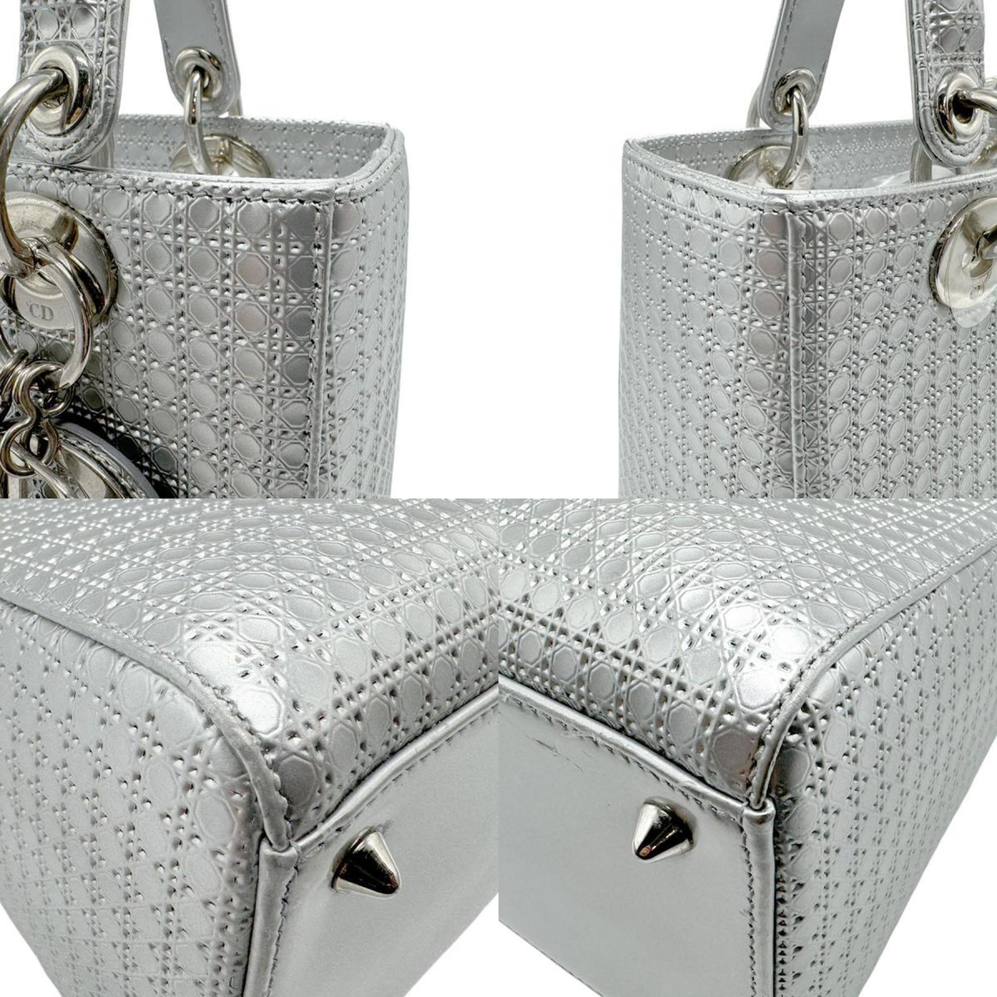 Christian Dior handbag shoulder bag Lady coated leather silver ladies n0495