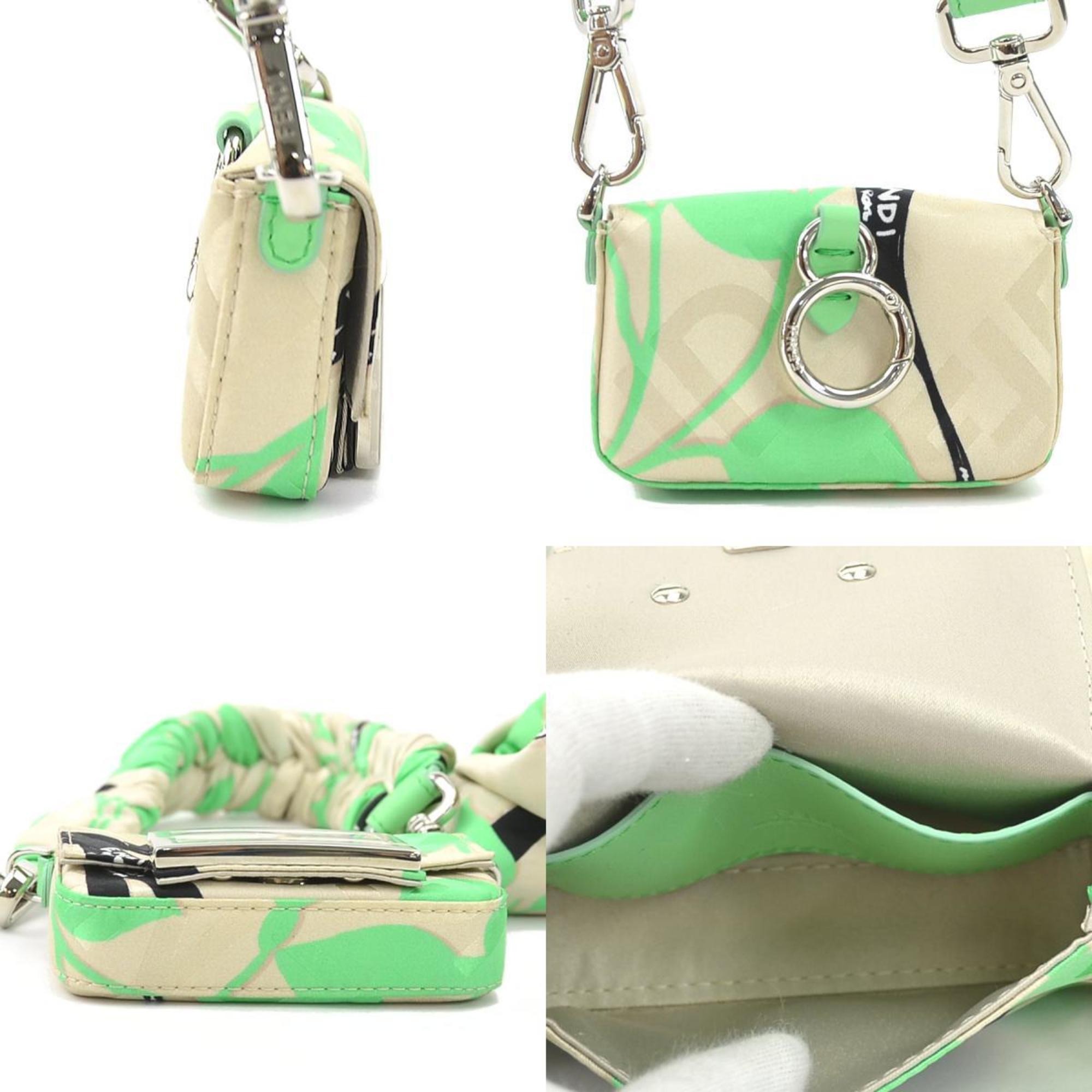 FENDI Handbag Charm Nano Baguette Satin Green Beige Silver Men's Women's 7AR996-ANT3 e59317a