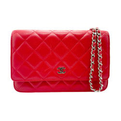 CHANEL Chain Wallet Lambskin Red Silver Women's n0508