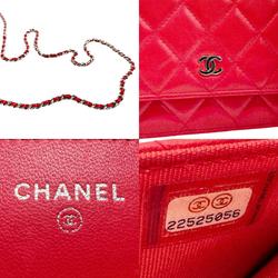 CHANEL Chain Wallet Lambskin Red Silver Women's n0508