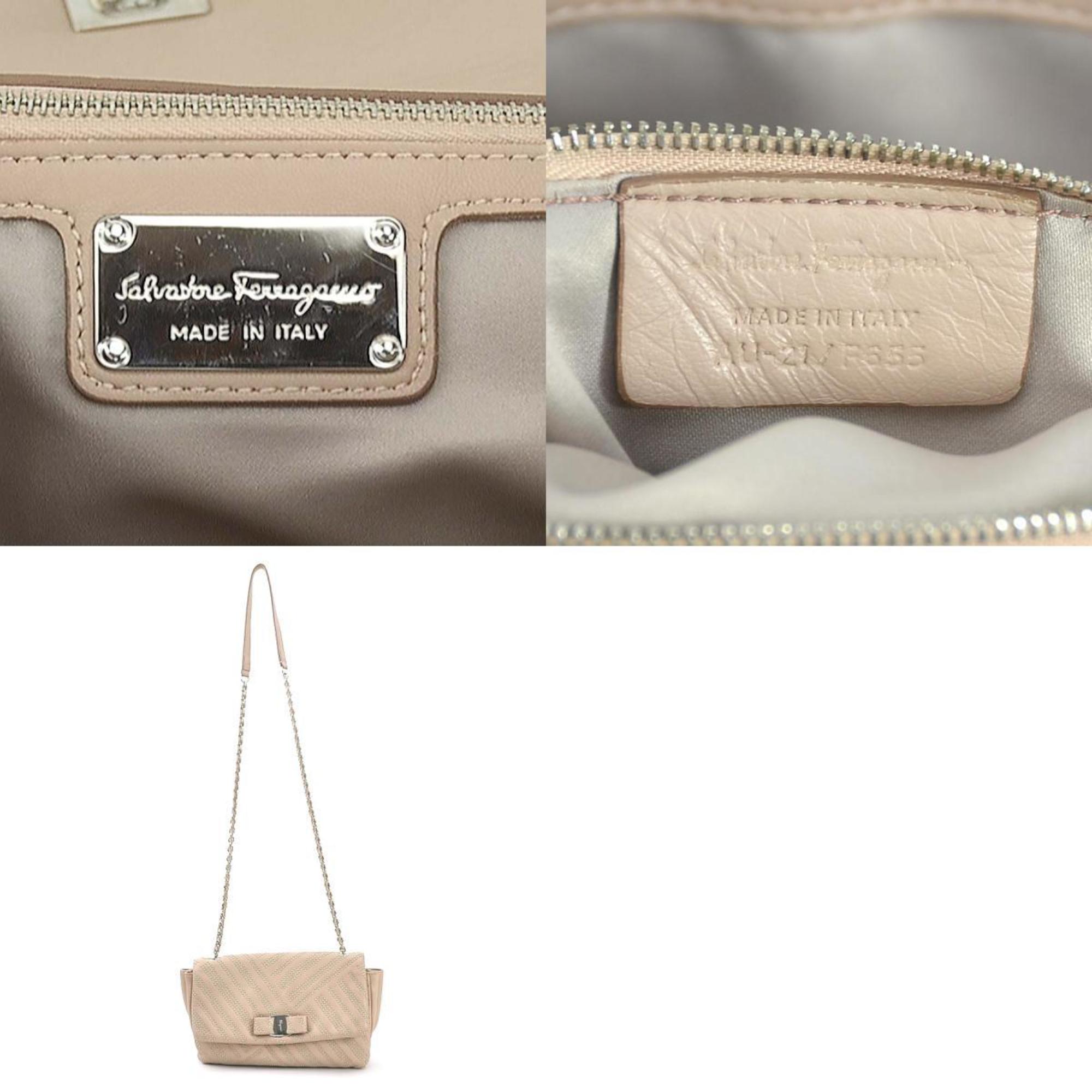 Salvatore Ferragamo Shoulder Bag Vara Ribbon Leather Metal Pink Beige Women's h30582a