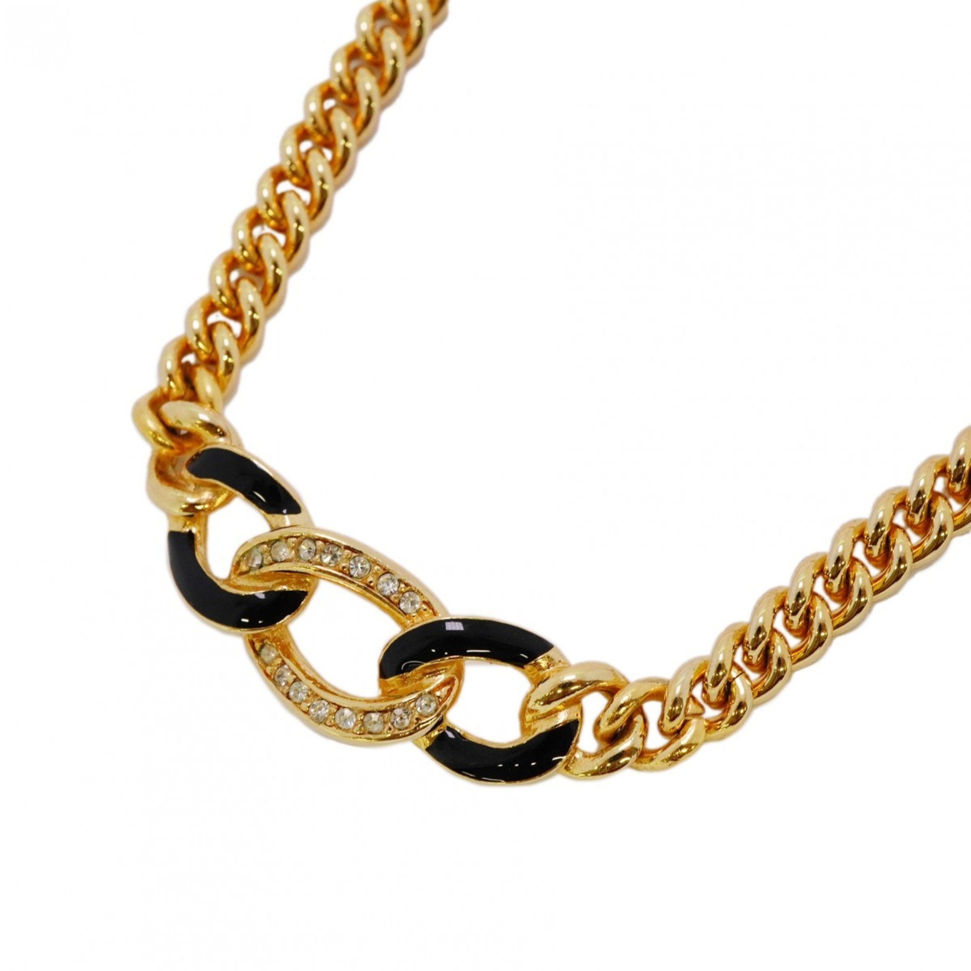 Christian Dior Necklace Chain Rhinestone GP Plated Gold Black Women's