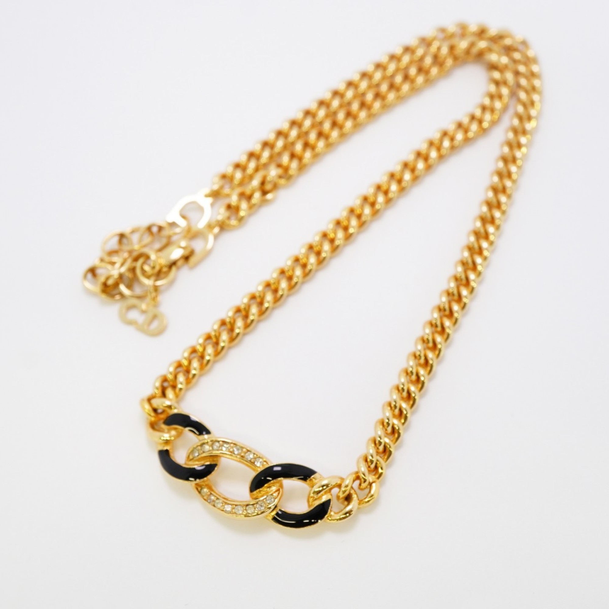 Christian Dior Necklace Chain Rhinestone GP Plated Gold Black Women's