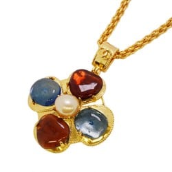 Chanel Necklace Coco Mark Fake Pearl Color Stone GP Plated Gold Red Blue Women's