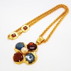 Chanel Necklace Coco Mark Fake Pearl Color Stone GP Plated Gold Red Blue Women's