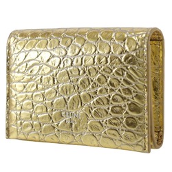 CELINE Card Holder Business Case Embossed Leather Gold Snap Button Women's