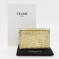 CELINE Card Holder Business Case Embossed Leather Gold Snap Button Women's