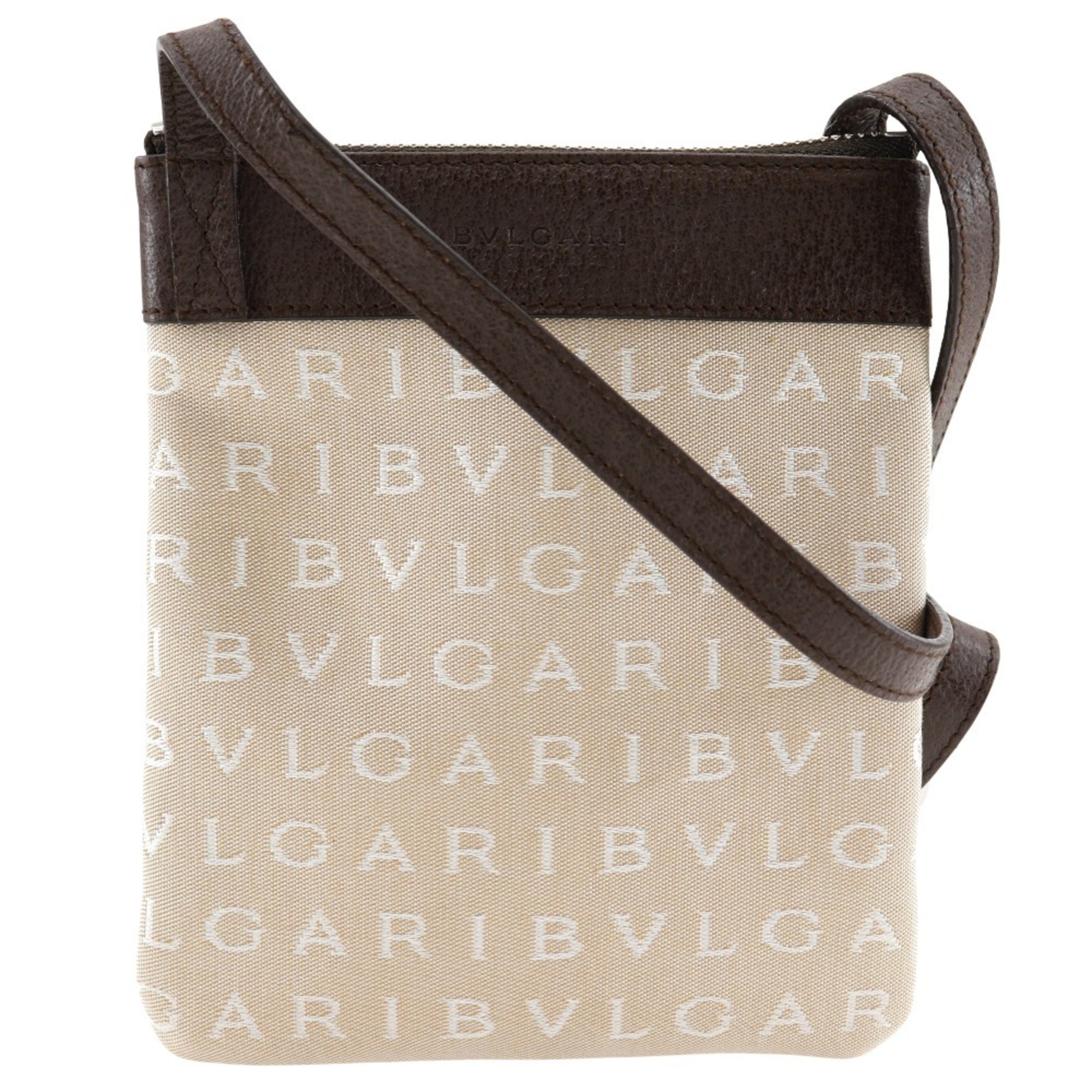 BVLGARI Mania Shoulder Bag Pochette Canvas x Leather Beige Logo Unisex