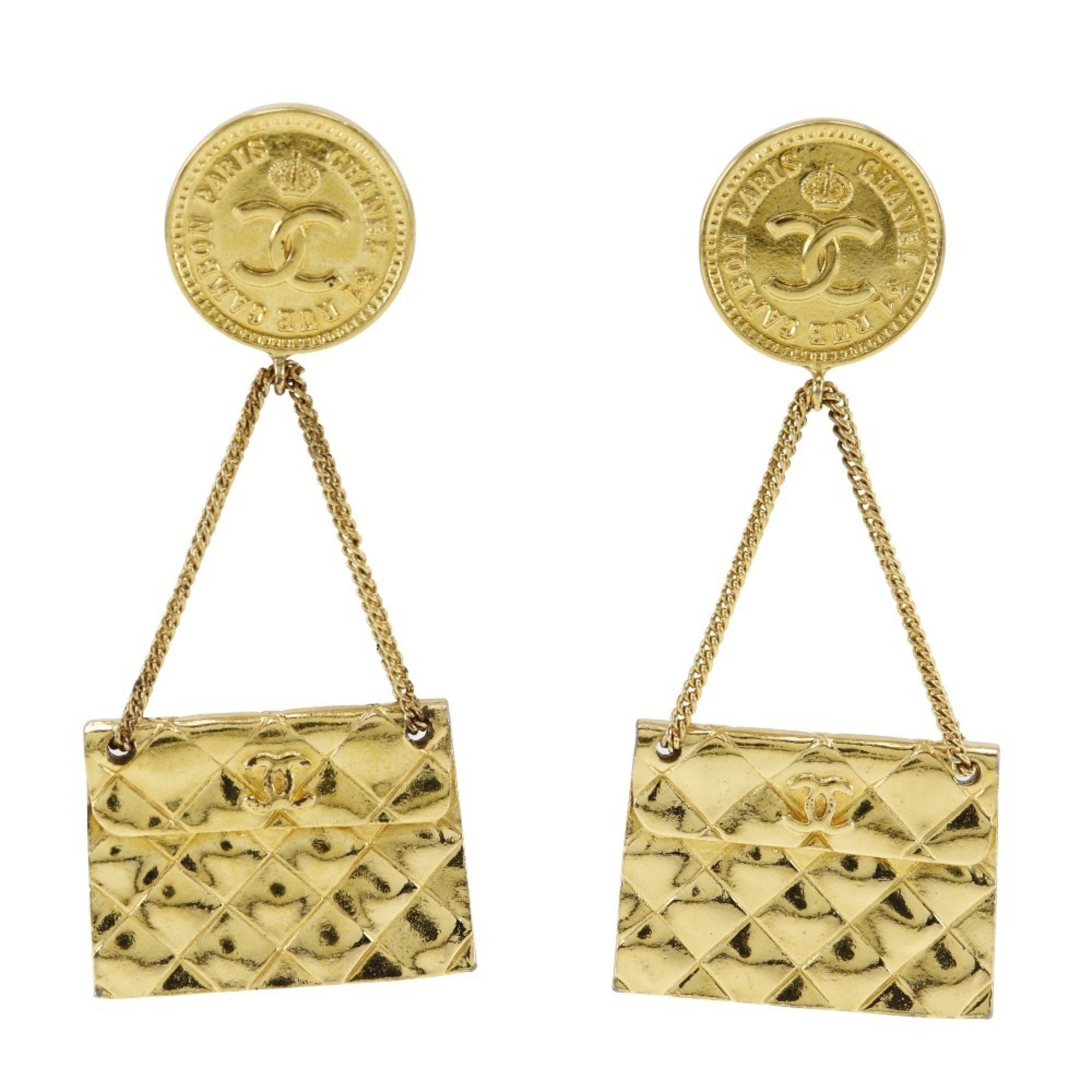 Chanel CHANEL Coco Mark Earrings Matelasse Motif Gold Plated 1991 26 Approx. 39.0g COCO Women's