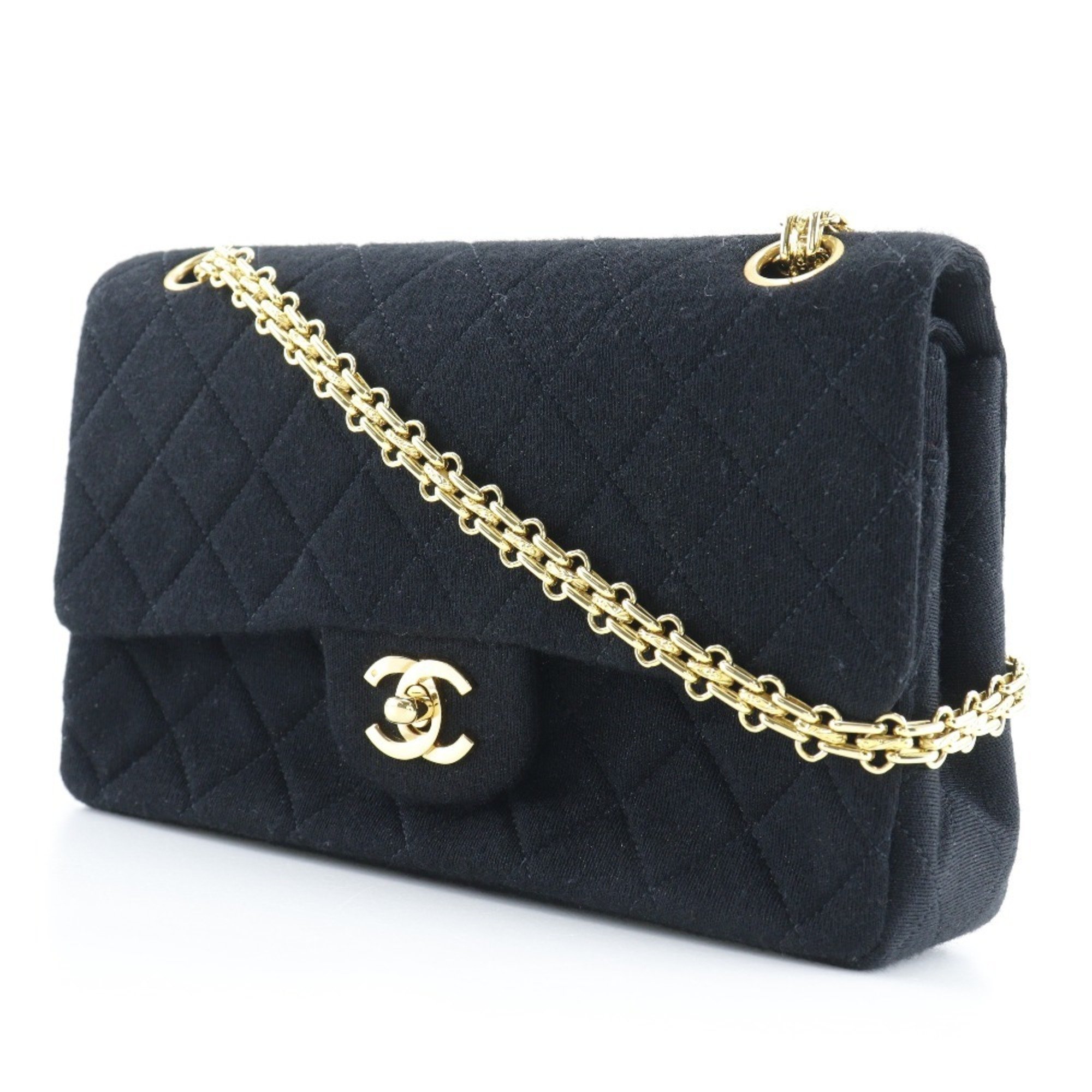 Chanel CHANEL Chain Shoulder Bag Matelasse Double Flap Jersey Black Turnlock ChainShoulder Women's