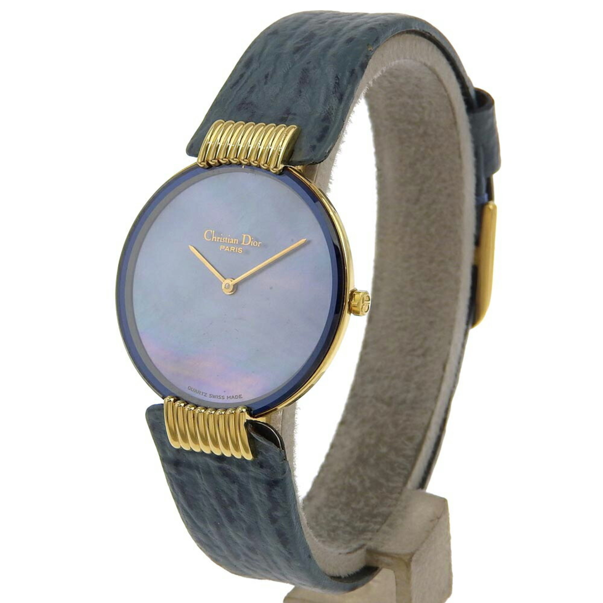 Dior Bakira Watch D47-153-5 Gold Plated x Embossed Leather Quartz Analog Display Blue Shell Dial Boys