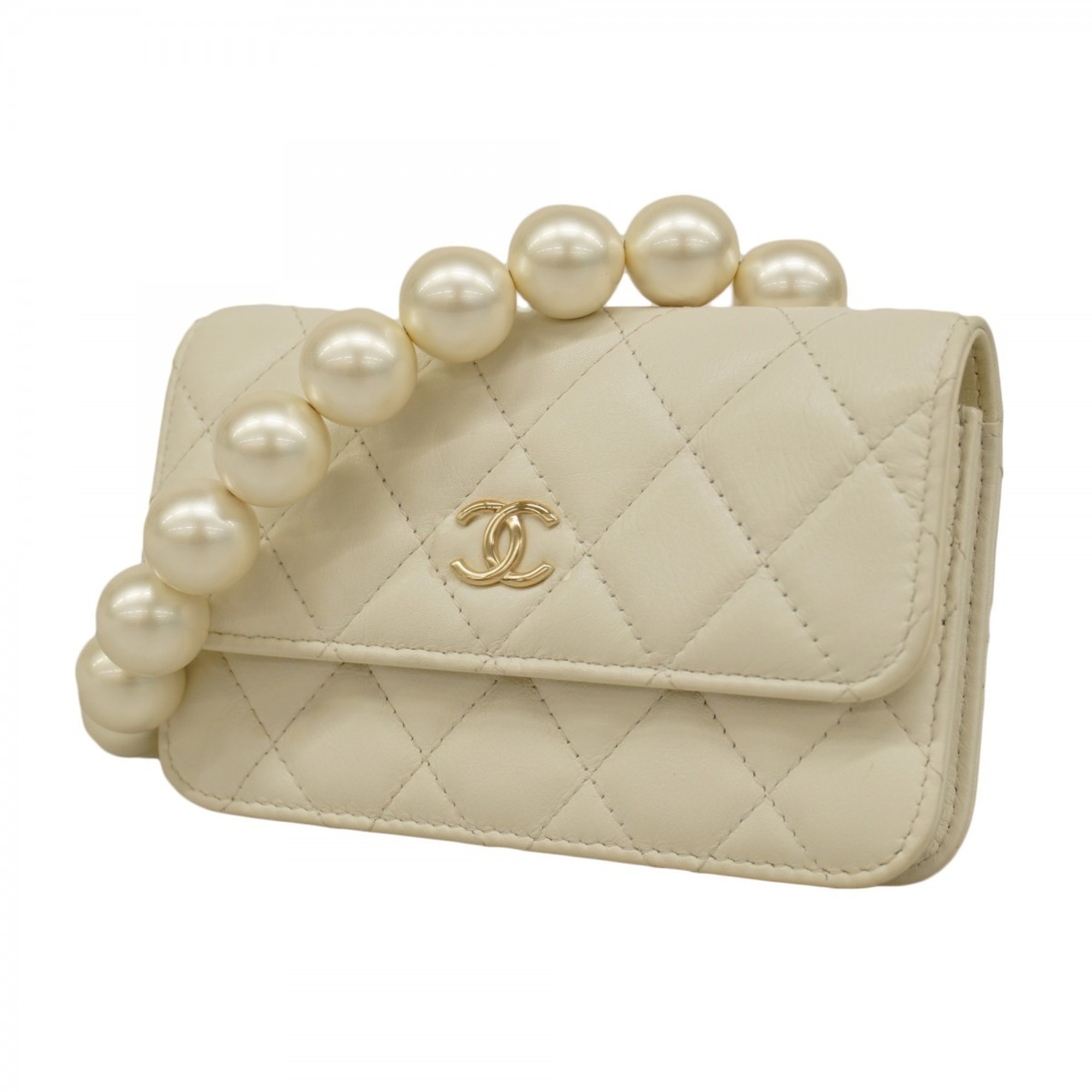 Chanel Shoulder Wallet Matelasse Lambskin Faux Pearl White Champagne Ladies