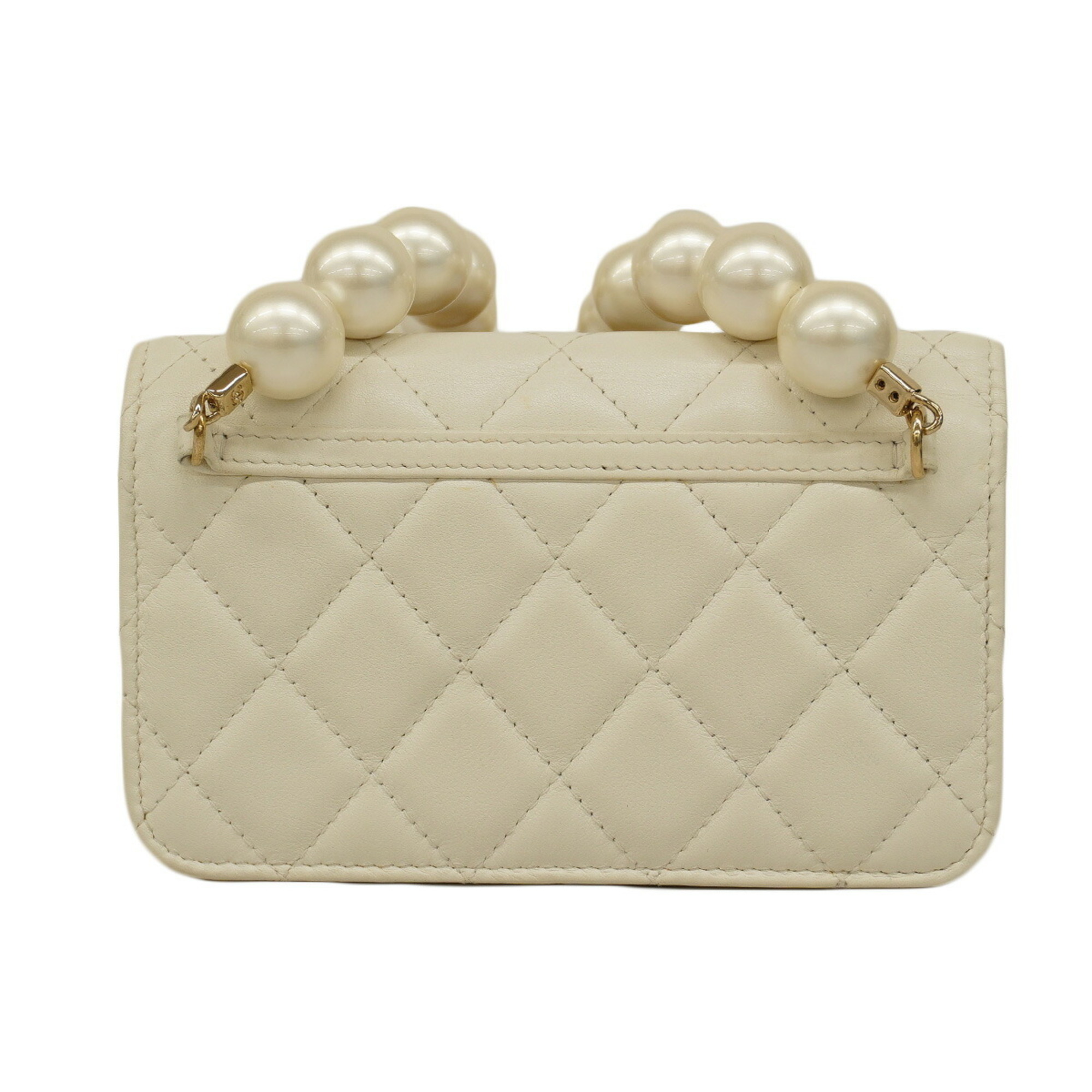 Chanel Shoulder Wallet Matelasse Lambskin Faux Pearl White Champagne Ladies