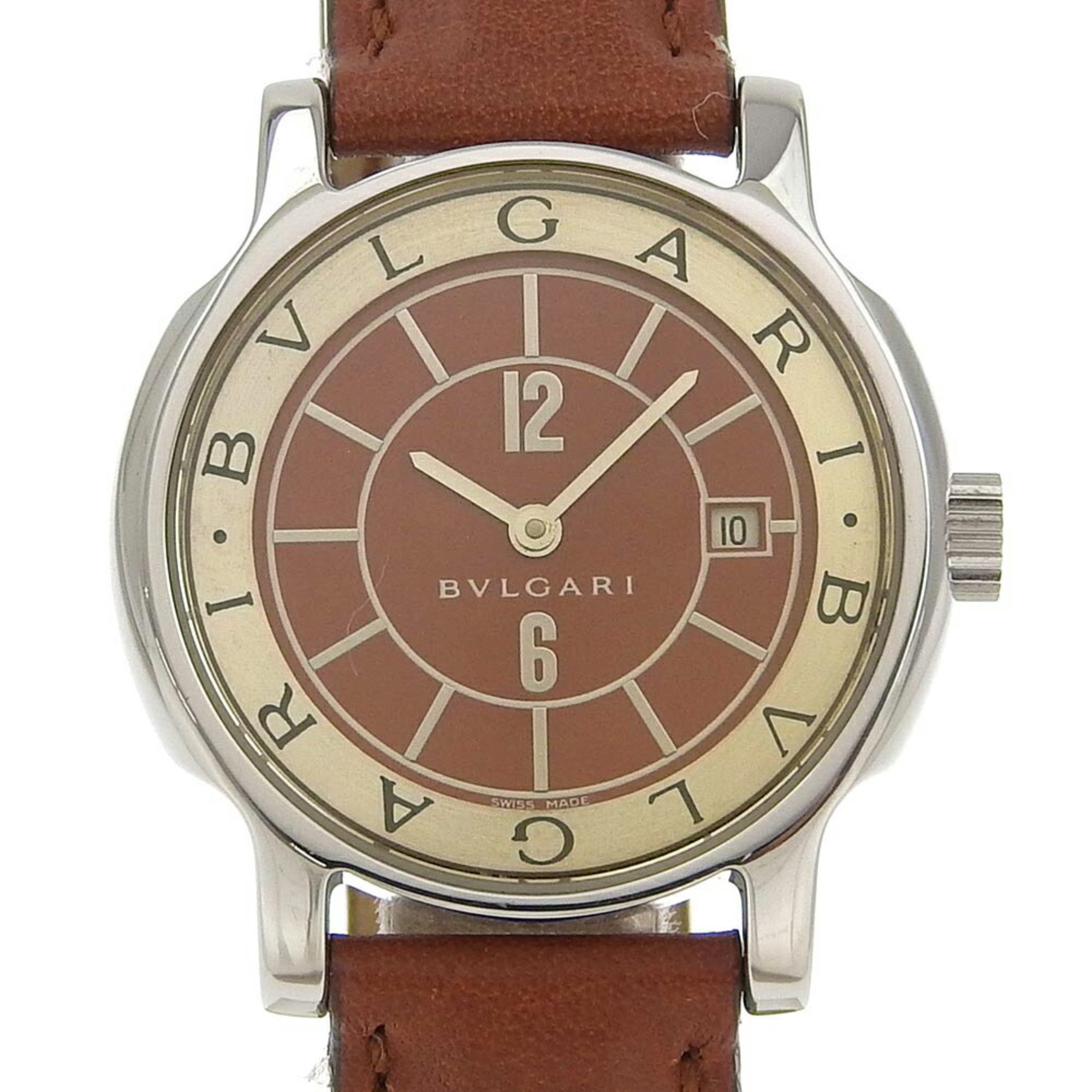 BVLGARI Solo Tempo Watch ST29S Stainless Steel x Embossed Leather Quartz Analog Display Brown Dial Ladies