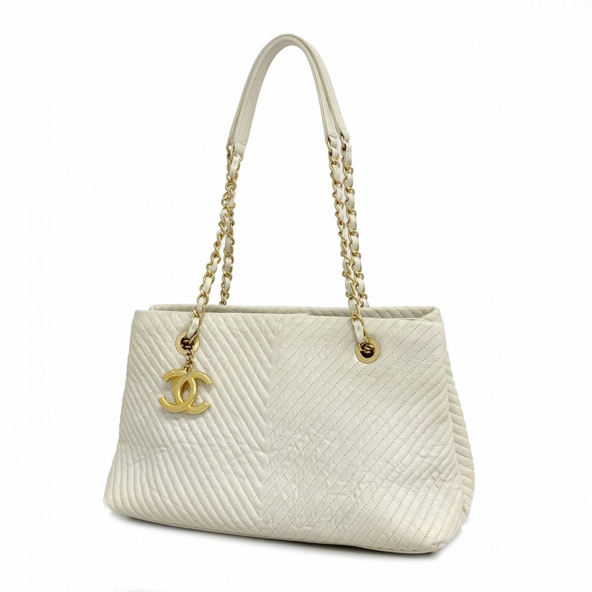 Chanel Shoulder Bag V Stitch Leather White Women's