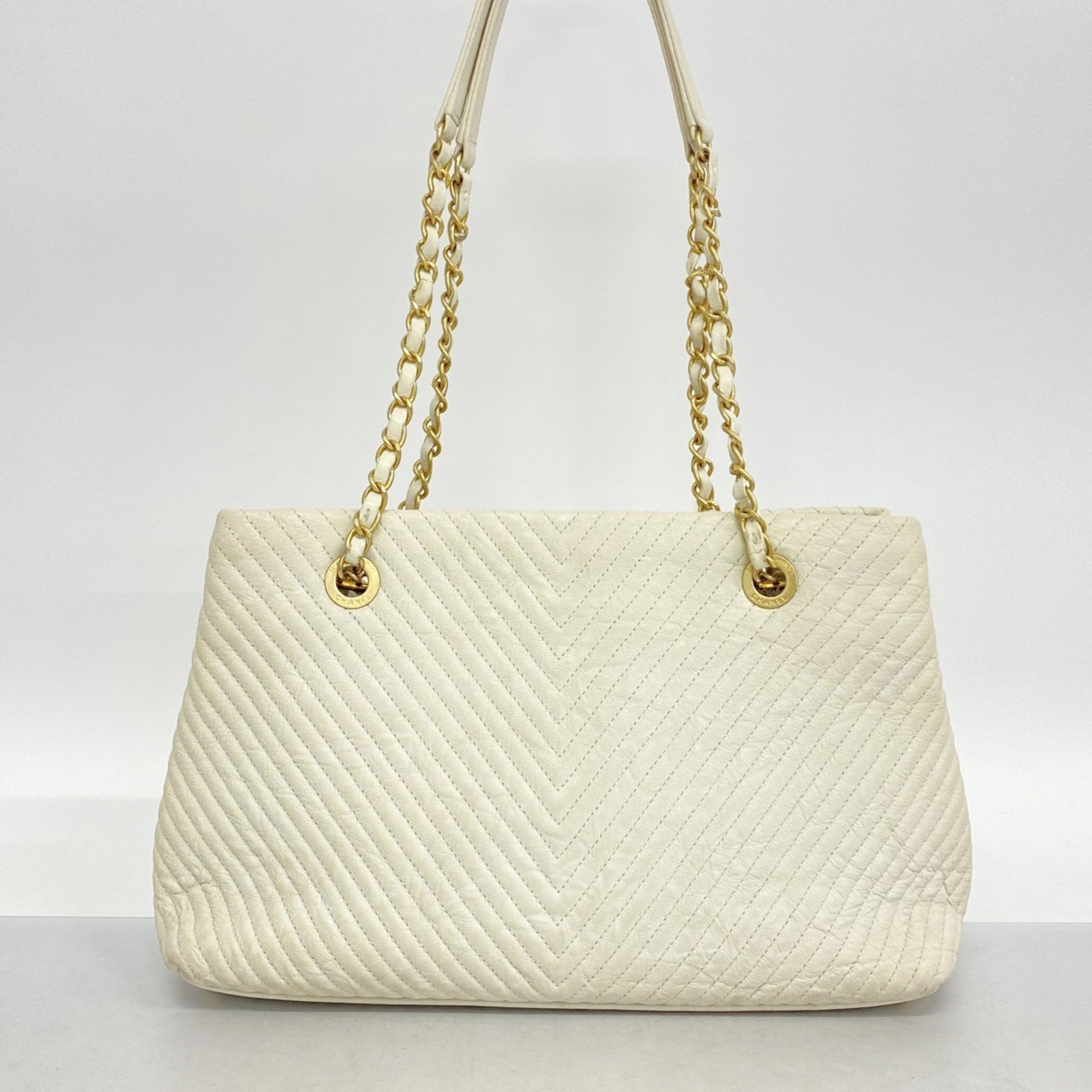 Chanel Shoulder Bag V Stitch Leather White Women's